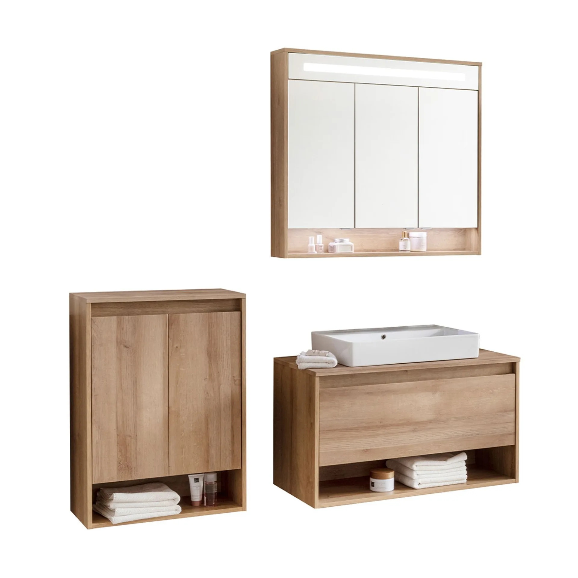 FACKELMANN NATURA Badmöbel Set 4-teilig 94 cm breit, Braun hell, Aufsatzwaschbecken Keramik Weiß + LED Spiegelschrank + Doppel Midischrank