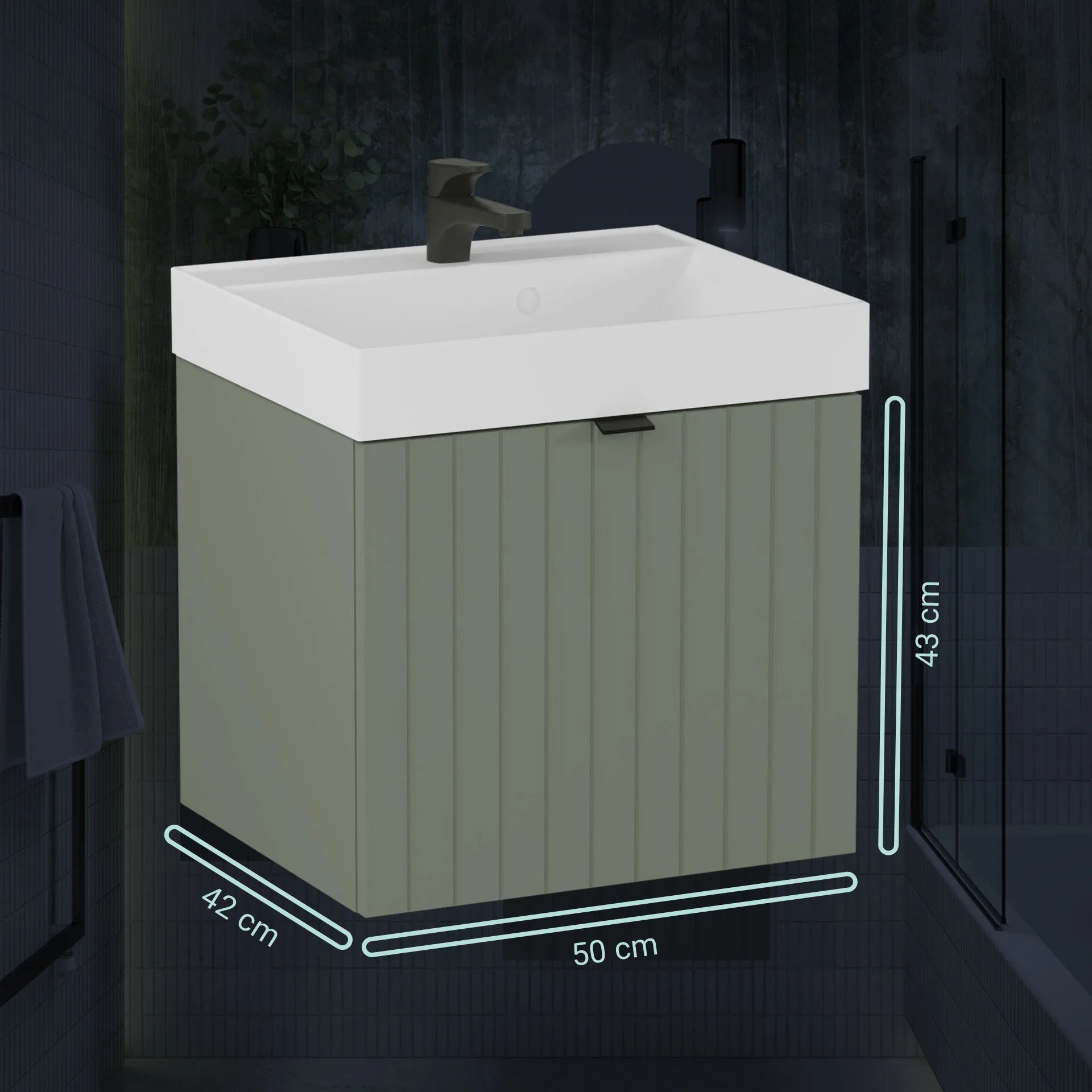 BADEDU ESLA Waschbecken mit Unterschrank 50 cm breit, Grün, Waschbecken Gussmarmor Weiß