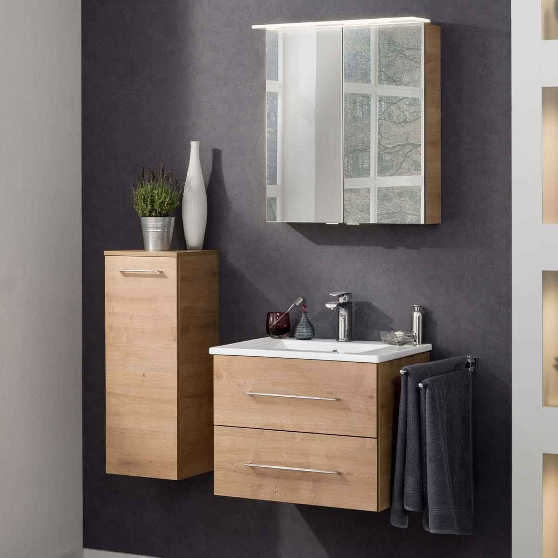 FACKELMANN B.PERFEKT Badmöbel Set 4-teilig 62 cm breit, Braun hell, Waschbecken Keramik Weiß + LED Spiegelschrank + Midischrank