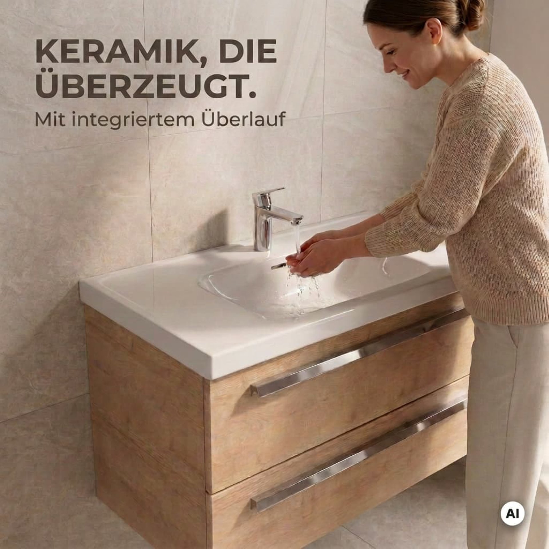 BADEDU TESSANO Waschbecken mit Unterschrank 90 cm breit, Braun hell, Waschbecken Keramik Weiß