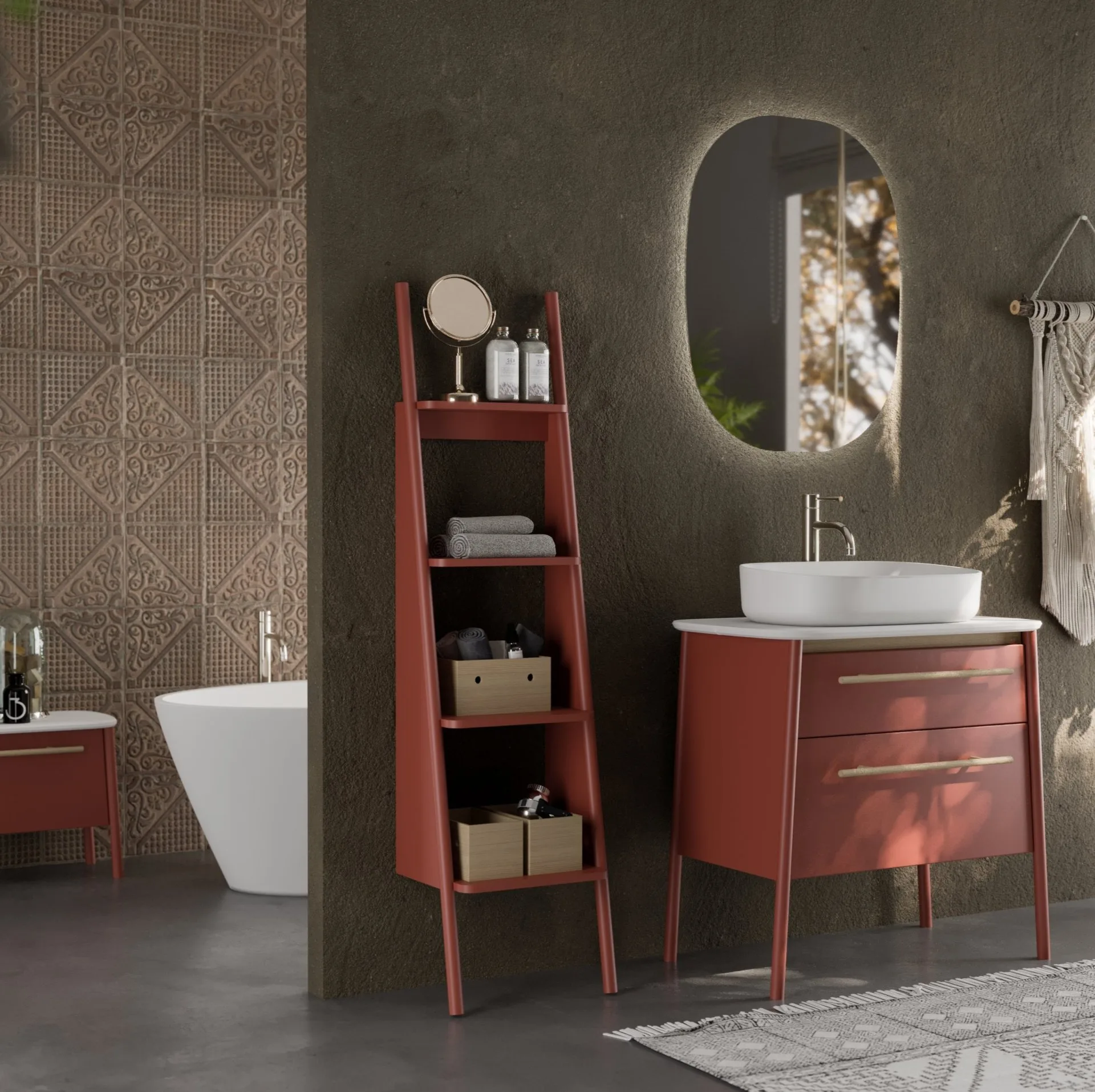 BADEDU TANA Badregal 40 cm breit, Rot matt, 4 Ablagen