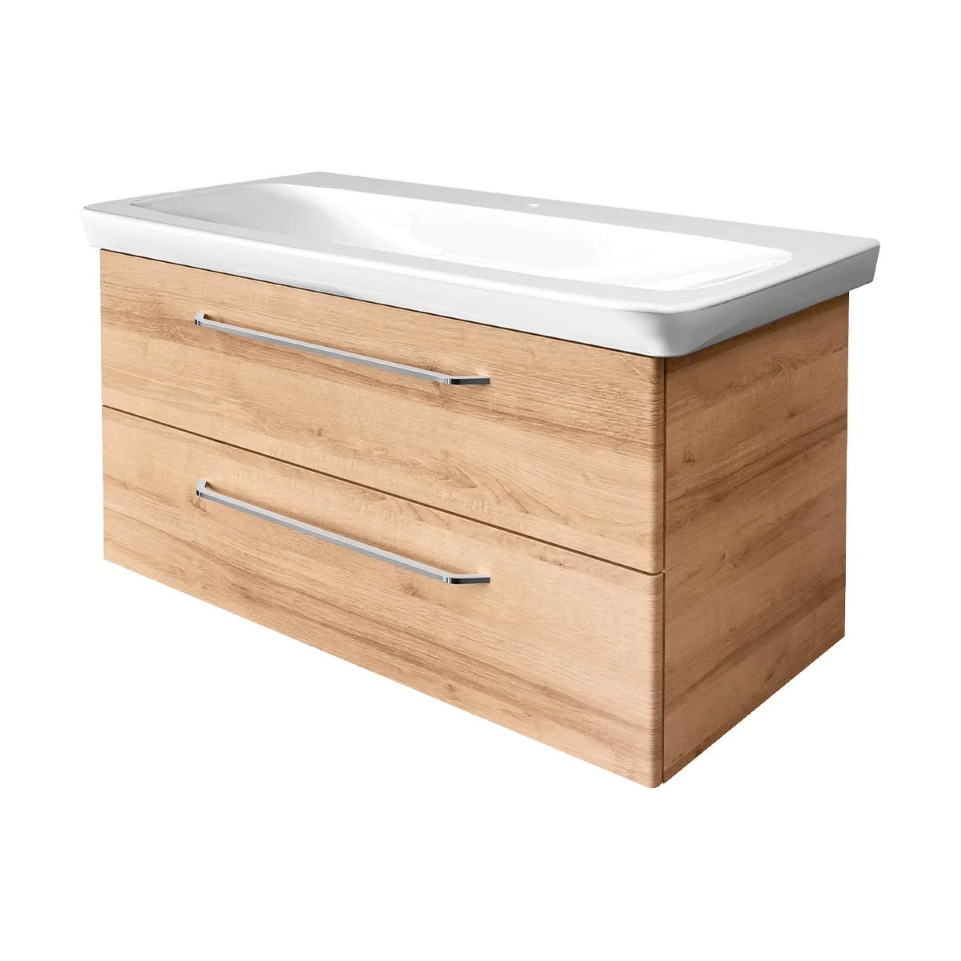 FACKELMANN MILANO Waschtisch Set mit Spiegelschrank 107 cm breit, Braun hell, Waschbecken Keramik Weiß