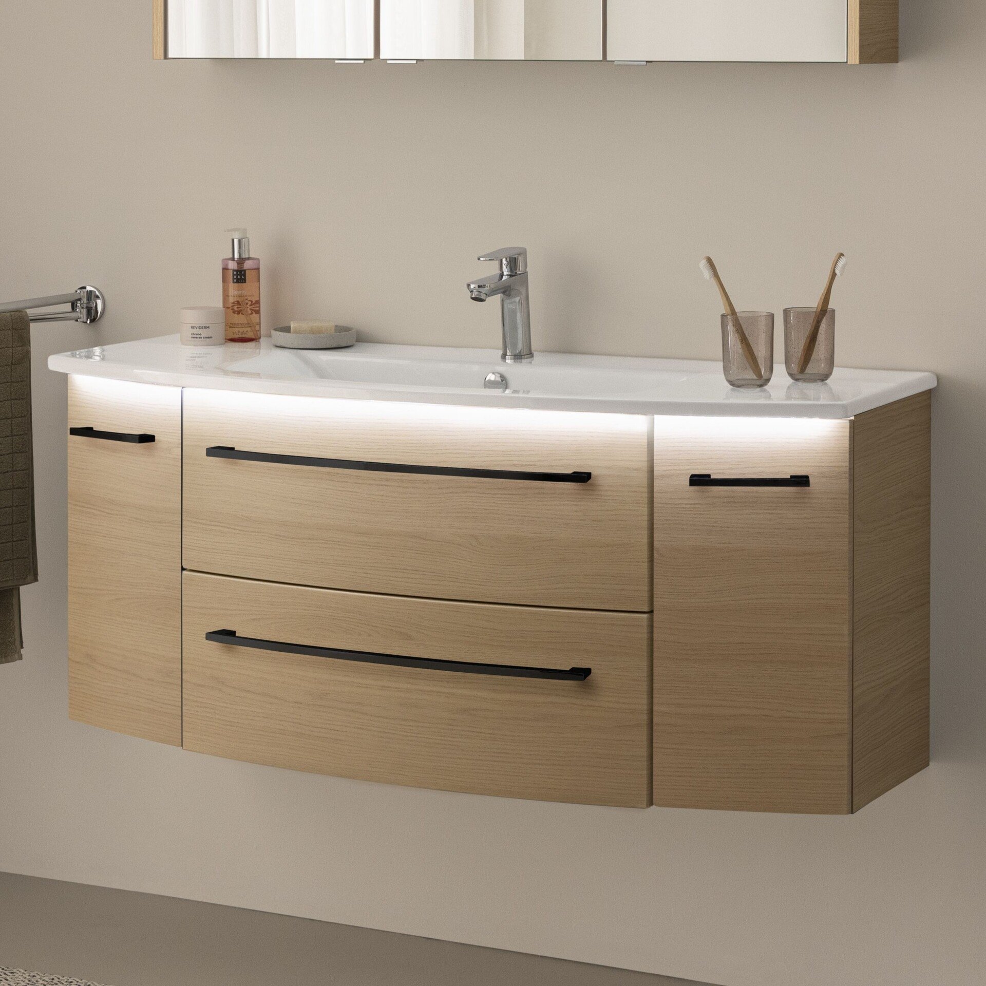 FACKELMANN B.ROUND Waschbecken mit Unterschrank 120,5 cm breit, Braun, Waschbecken Keramik Weiß