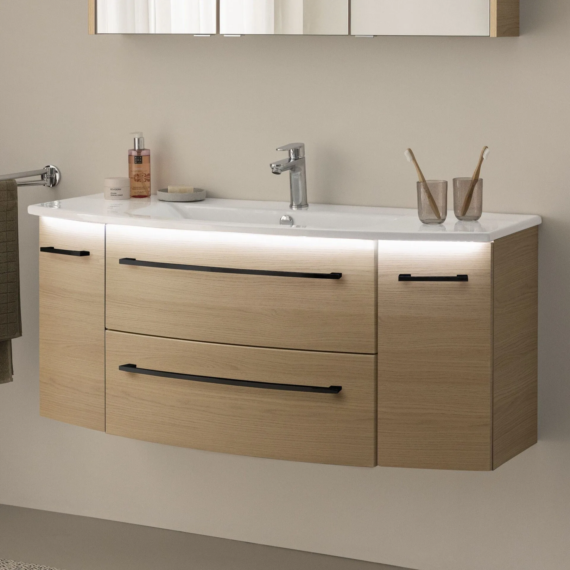 FACKELMANN B.ROUND Waschbecken mit Unterschrank 120,5 cm breit, Braun, Waschbecken Keramik Weiß