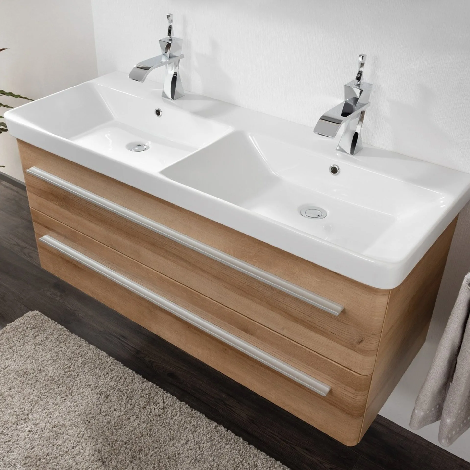 LANZET K8 Waschbecken mit Unterschrank 120 cm breit, Braun hell, Doppelwaschbecken Keramik Weiß