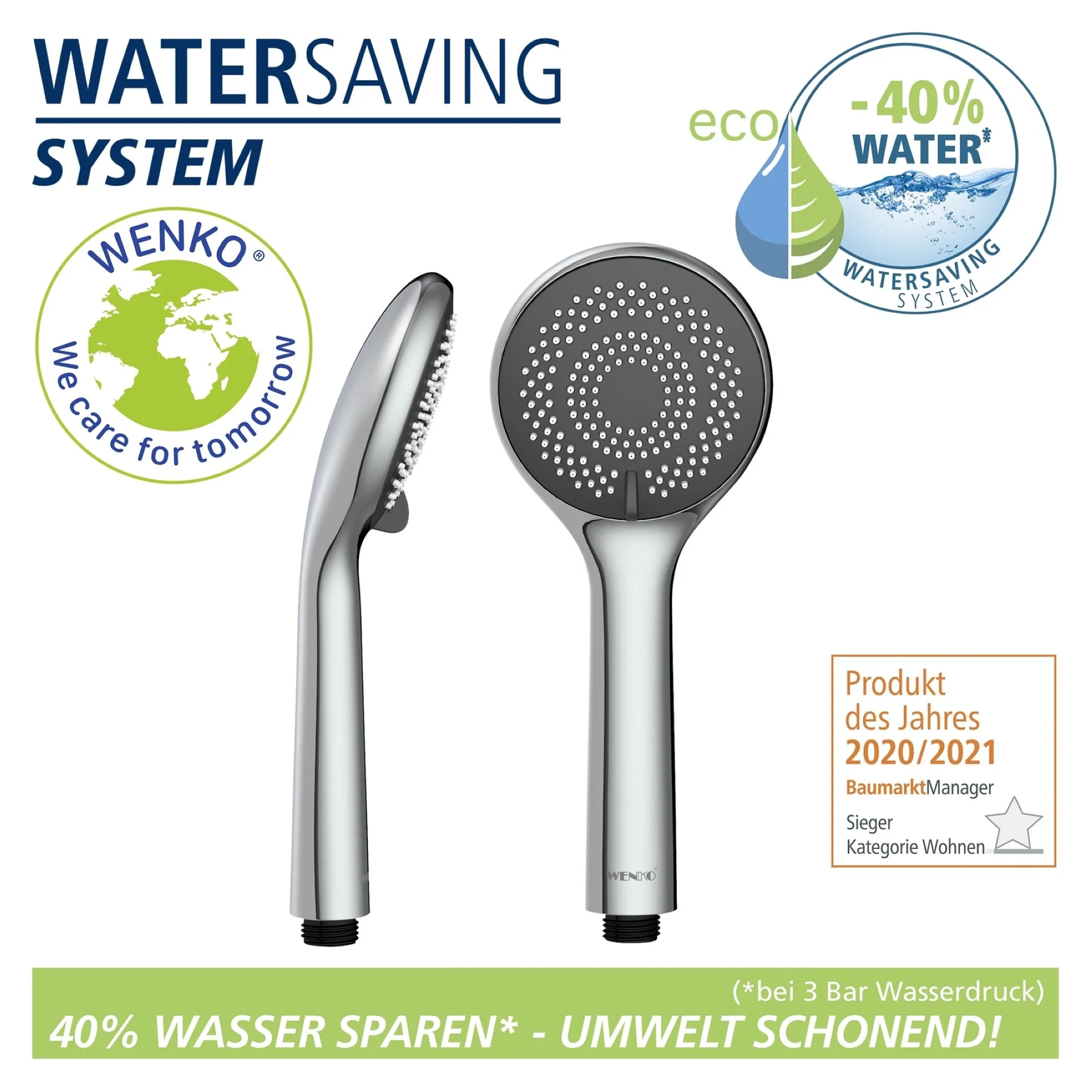 WENKO Duschkopf Ø 9,6 cm, Chrom, mit Wassersparsystem, 3 verschiedene Wasserstrahlarten