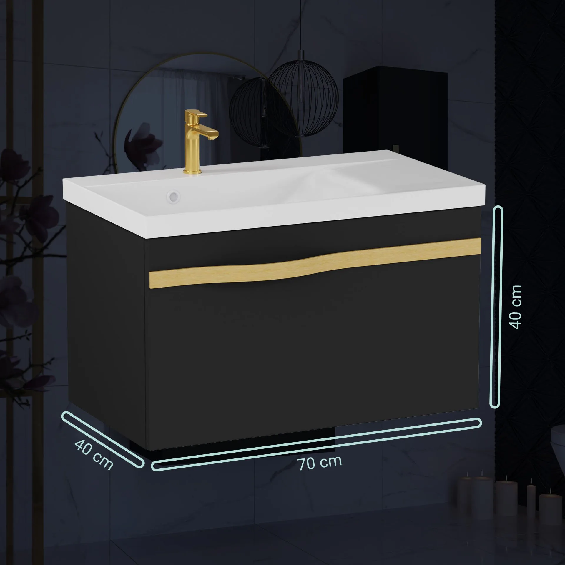 BADEDU FILS Waschbecken mit Unterschrank 69 cm breit, Schwarz, Waschbecken Gussmarmor Weiß, Griff Gold