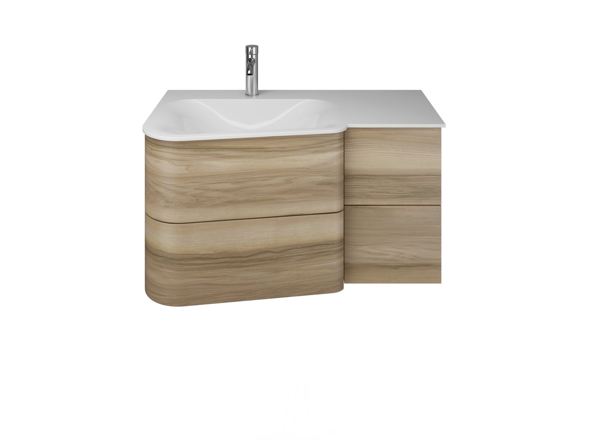 Burgbad BADU Waschbecken mit Unterschrank 92 cm breit, Braun, Waschbecken Gussmarmor Weiß, Ablage rechts, 4 Schubladen