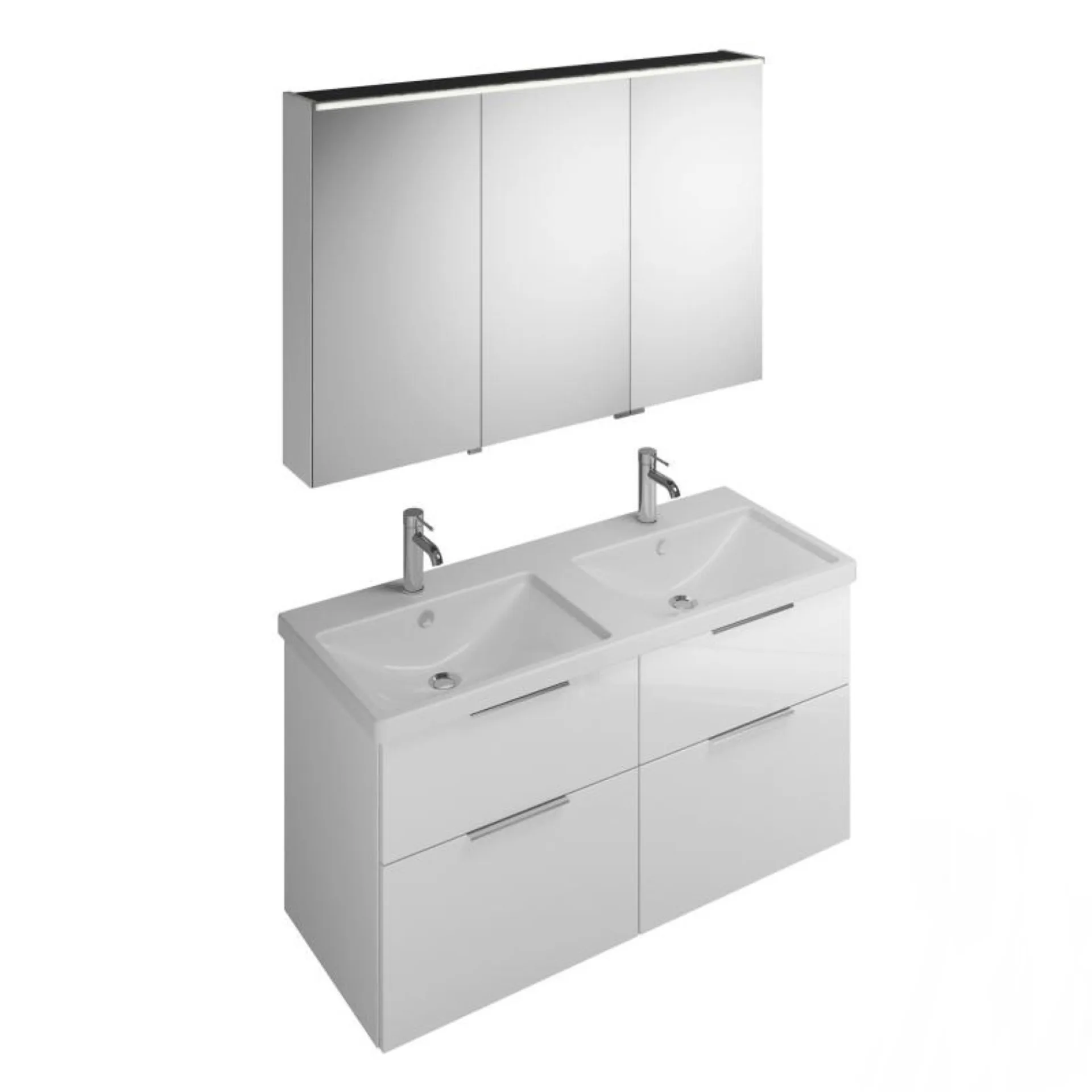 Burgbad EQIO Waschtisch Set mit Spiegelschrank 123 cm breit, Weiß Hochglanz, Doppelwaschbecken Keramik Weiß, 3-türig Anschlag links, 4 Schubladen