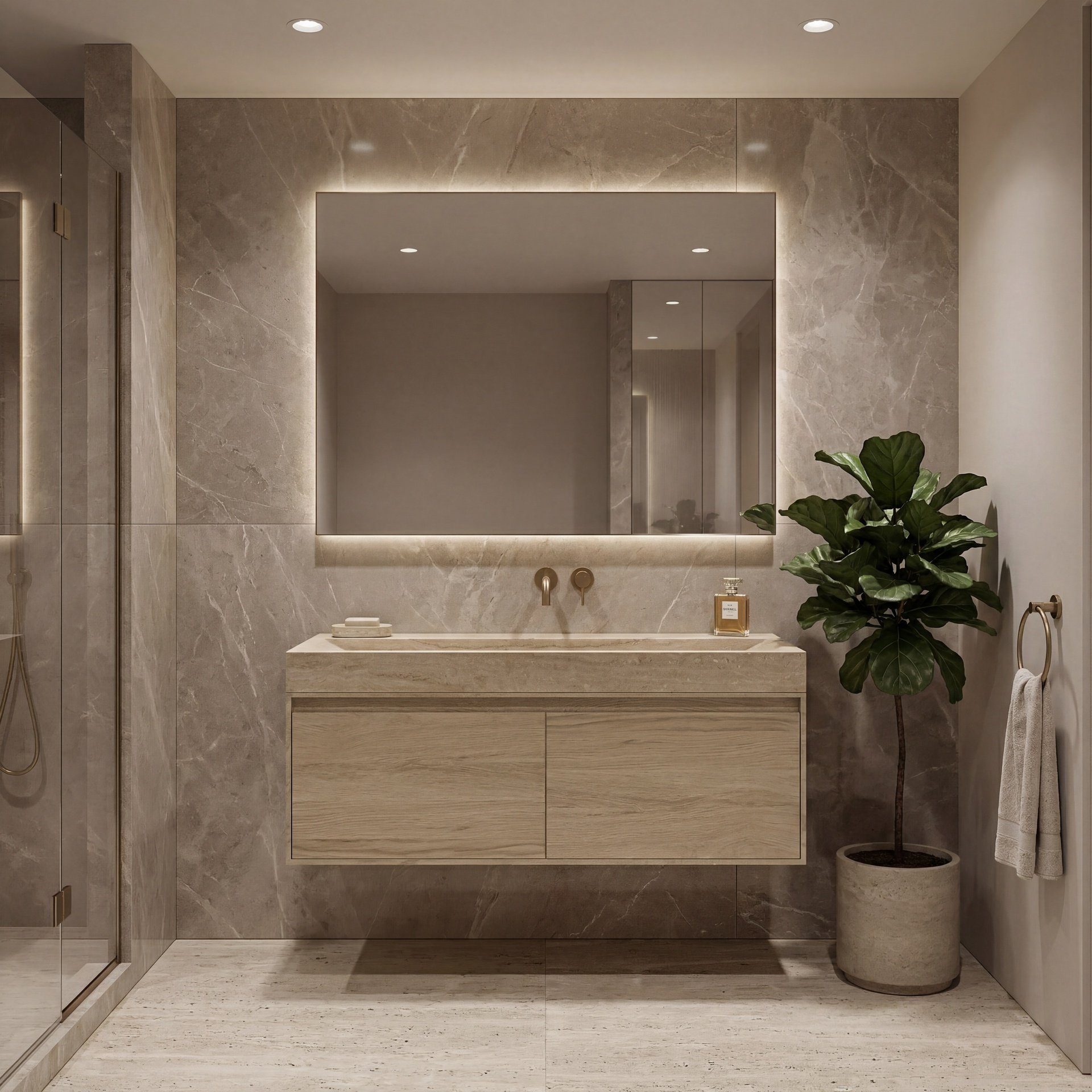 FORZALAQUA IBIZA BELLEZZA Waschbecken mit Unterschrank 120 cm breit, Braun hell, Natursteinwaschbecken Travertin matt ohne Hahnloch, 2 Schubladen