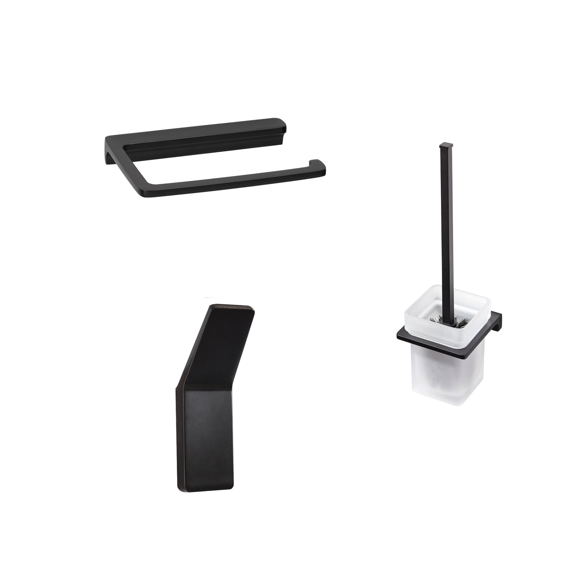 BADEDU SIRIUS Accessoire Set 3-teilig, Schwarz matt, Handtuchhaken, Toilettenpapierhalter, Toilettenbürste mit Halter
