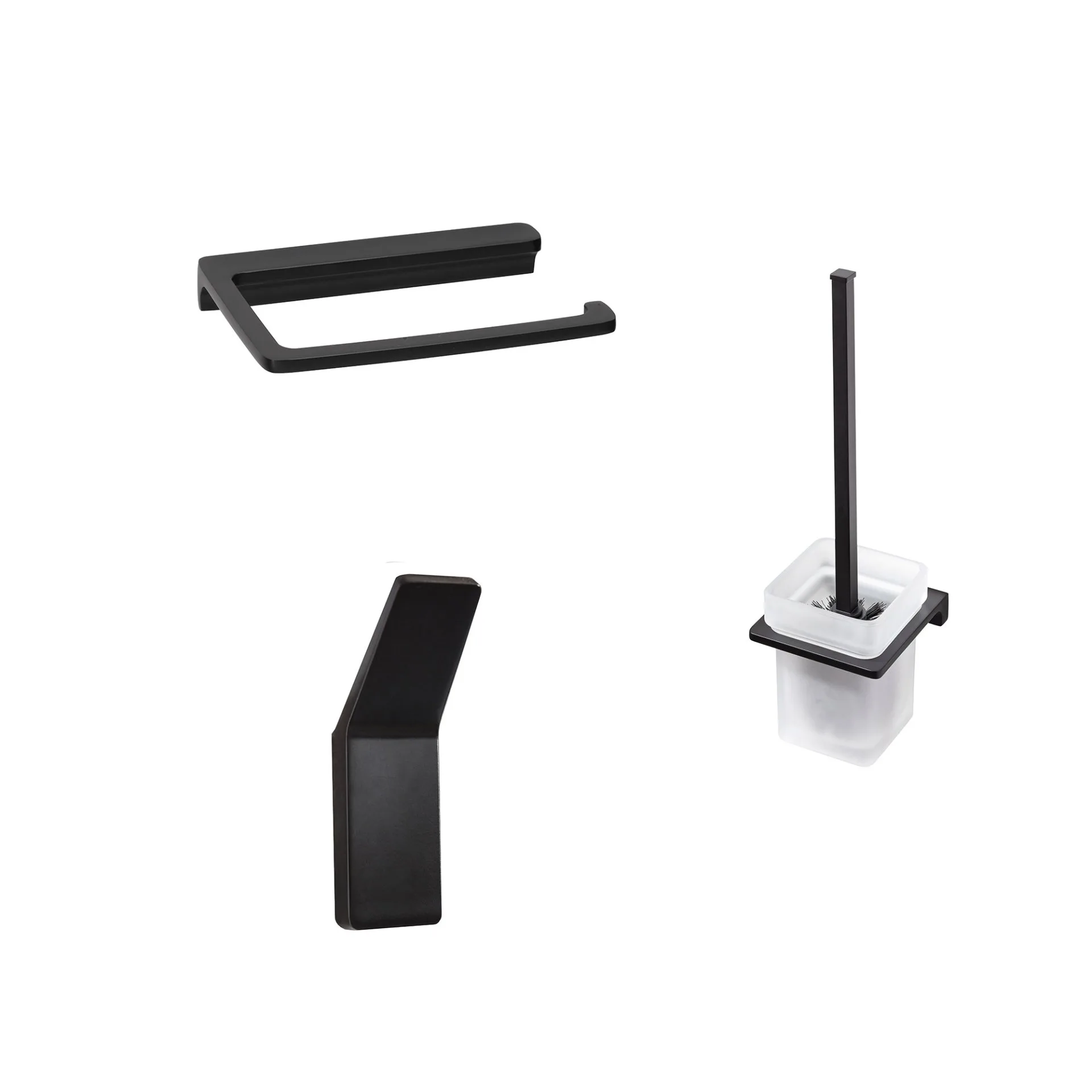 BADEDU SIRIUS Accessoire Set 3-teilig, Schwarz matt, Handtuchhaken, Toilettenpapierhalter, Toilettenbürste mit Halter