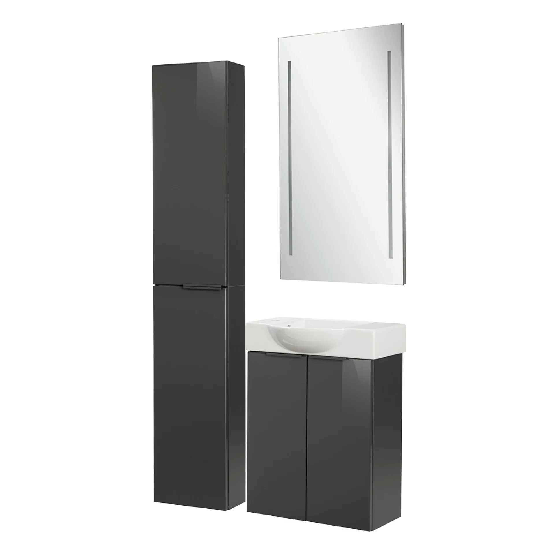 FACKELMANN SBC LUNA Gäste WC Set 4-teilig 55 cm breit, Anthrazit, Waschbecken Keramik Weiß Hahnloch links + LED Spiegel + Hochschrank slim
