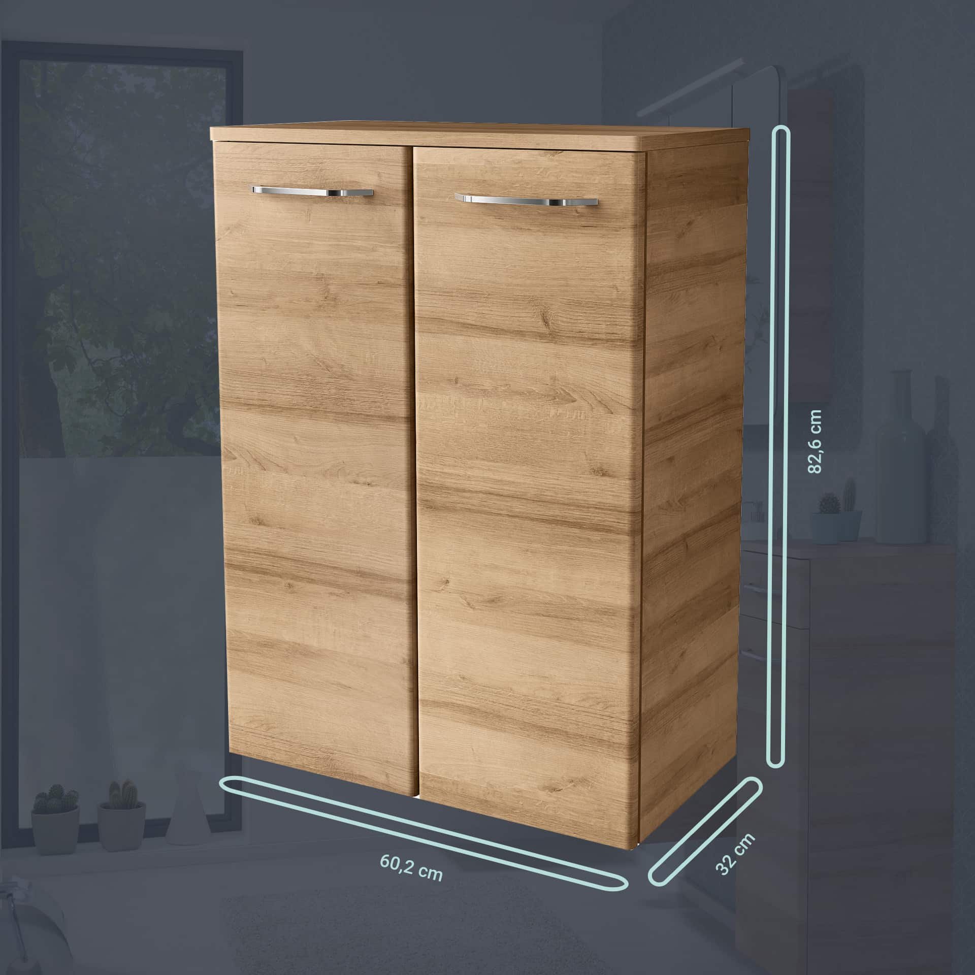 FACKELMANN MILANO Badmöbel Set 4-teilig 88 cm breit, Braun hell, Waschbecken Keramik Weiß + LED Spiegelschrank + Doppel Midischrank