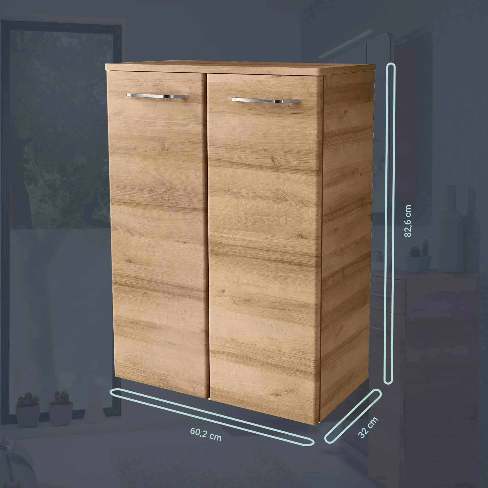 FACKELMANN MILANO Badmöbel Set 4-teilig 88 cm breit, Braun hell, Waschbecken Keramik Weiß + LED Spiegelschrank + Doppel Midischrank
