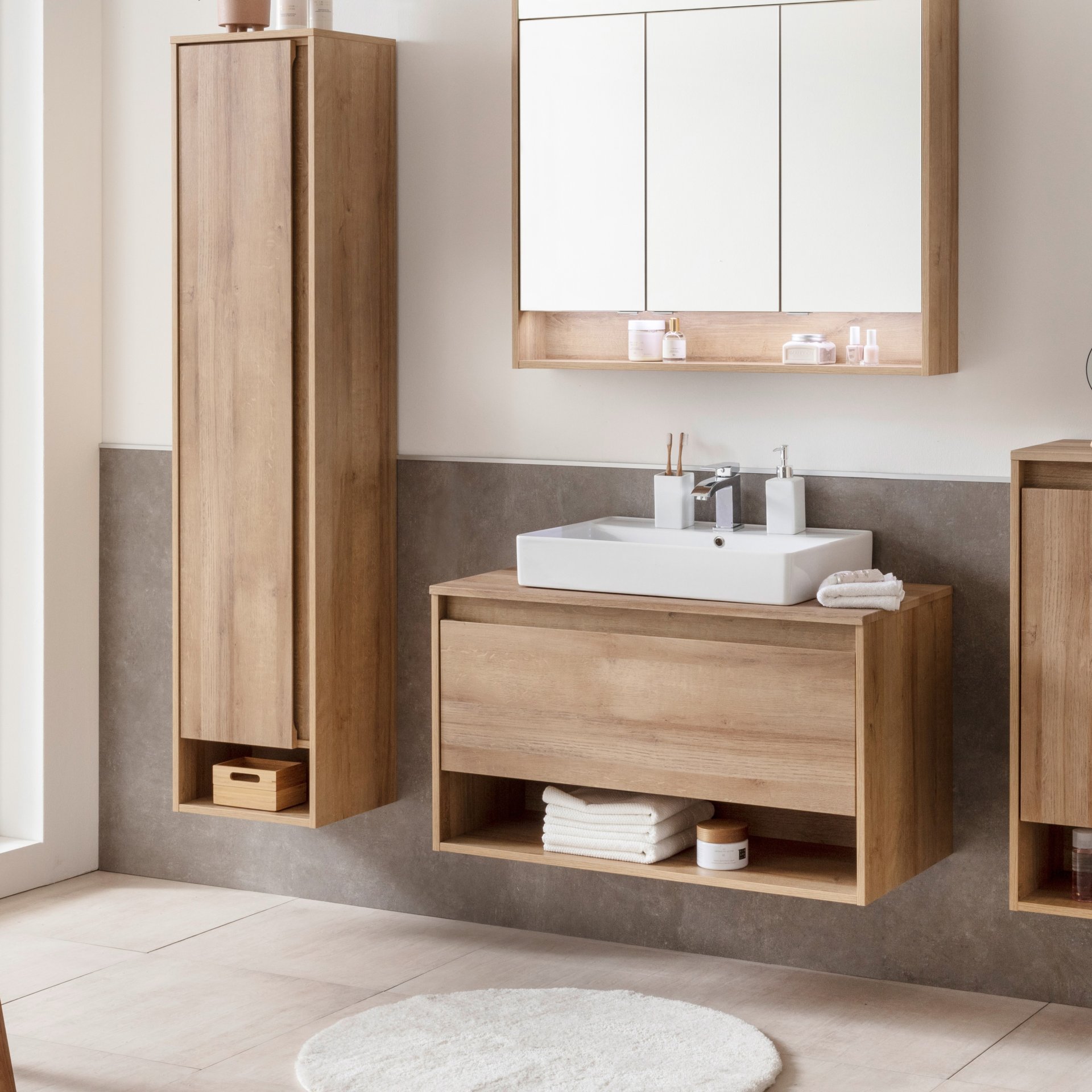 FACKELMANN NATURA Waschbecken mit Unterschrank 94 cm breit, Braun hell, Aufsatzwaschbecken Keramik Weiß + Hochschrank Türanschlag links