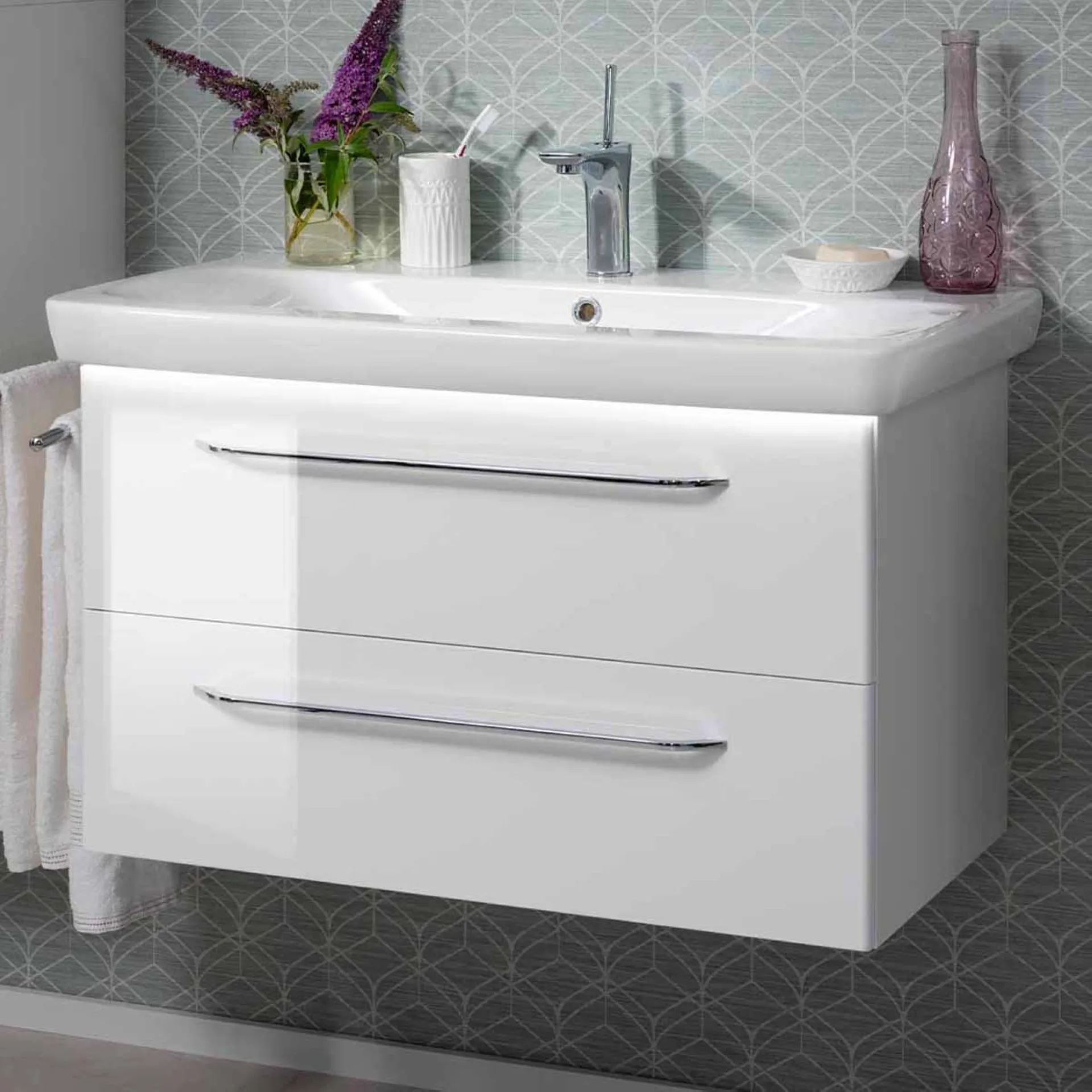 FACKELMANN MILANO Waschbecken mit Unterschrank 88 cm breit, Weiß, Waschbecken Keramik Weiß