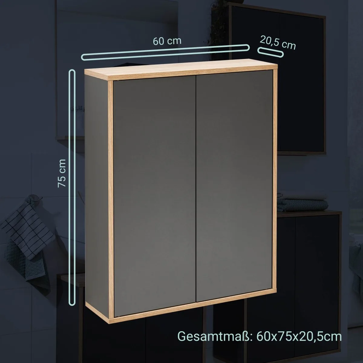 FACKELMANN FINN Doppel Hängeschrank 60 cm breit, Anthrazit/Braun hell