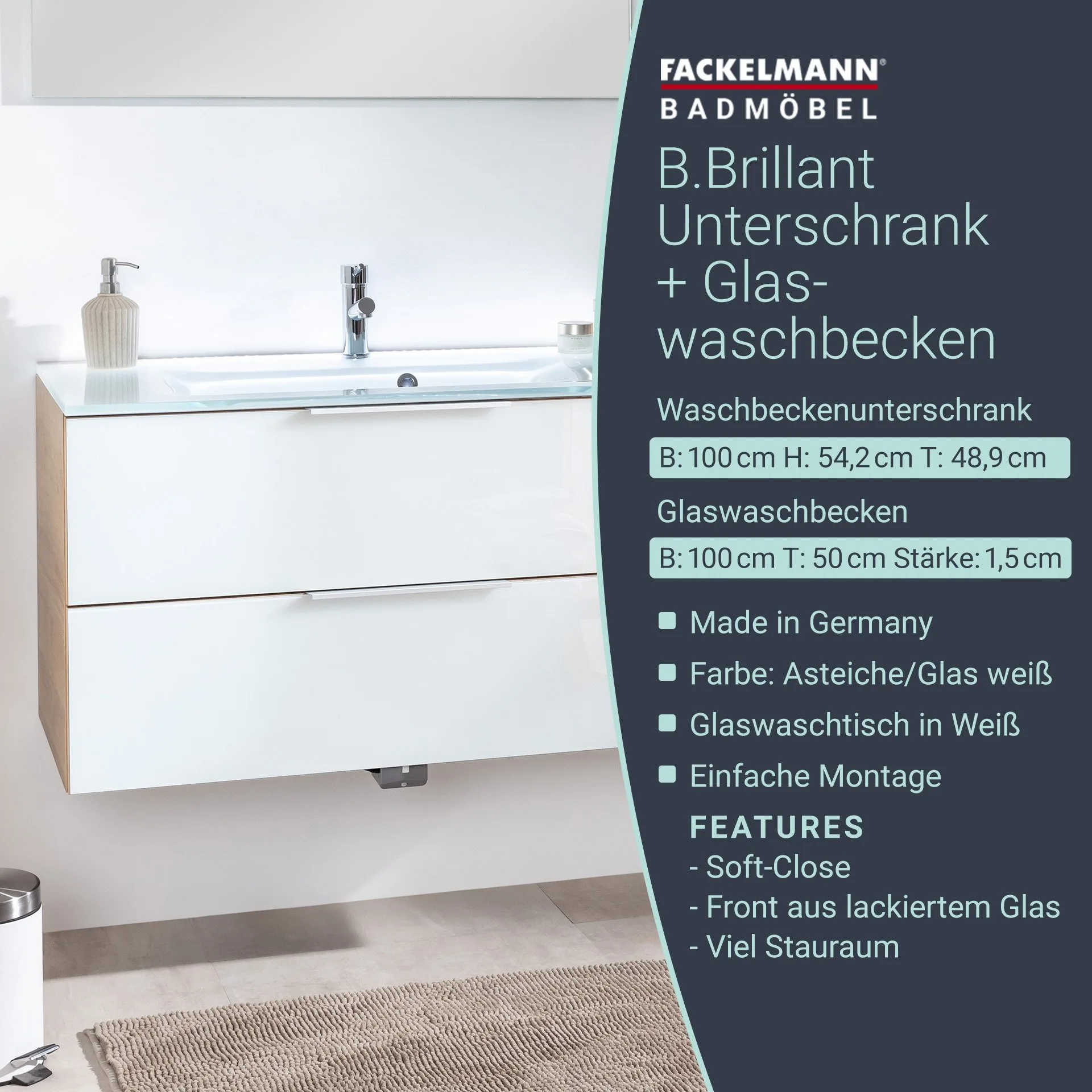 FACKELMANN B.BRILLANT Waschbecken mit Unterschrank 100 cm breit, Weiß Glas/Braun hell, Waschbecken Glas Weiß