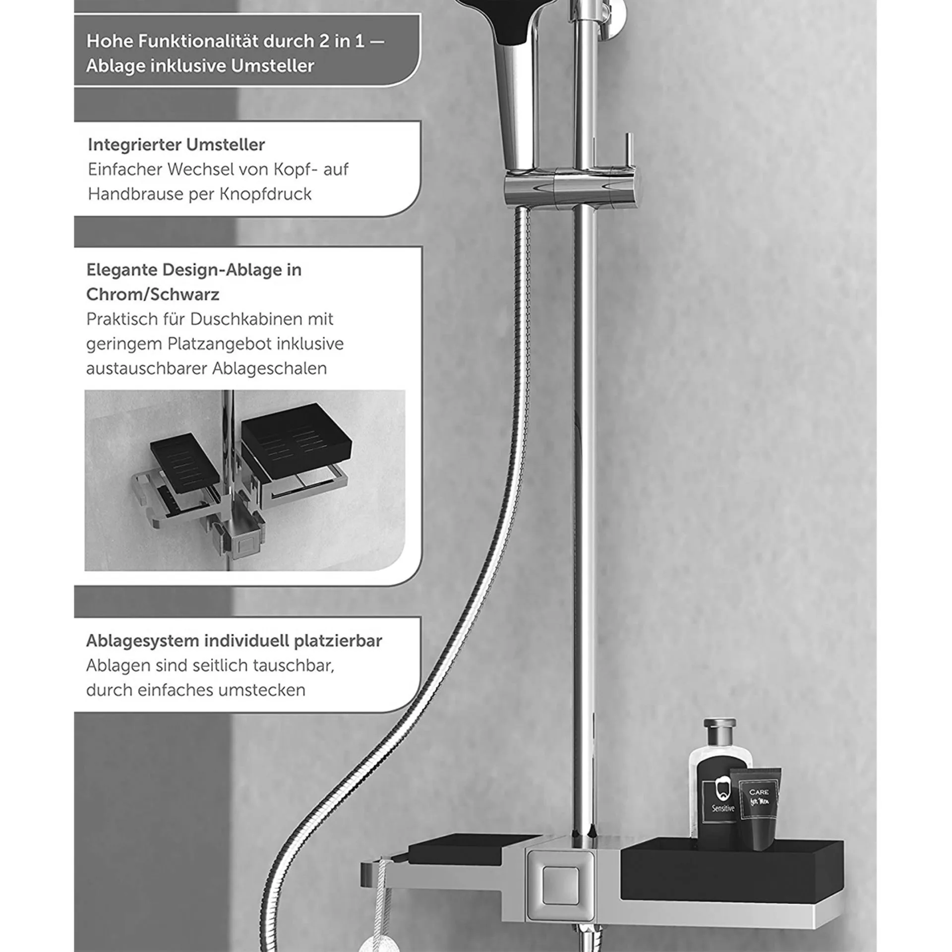 Schütte BLUEPERL Überkopf-Brauseset, Chrom/Schwarz, mit Ablage