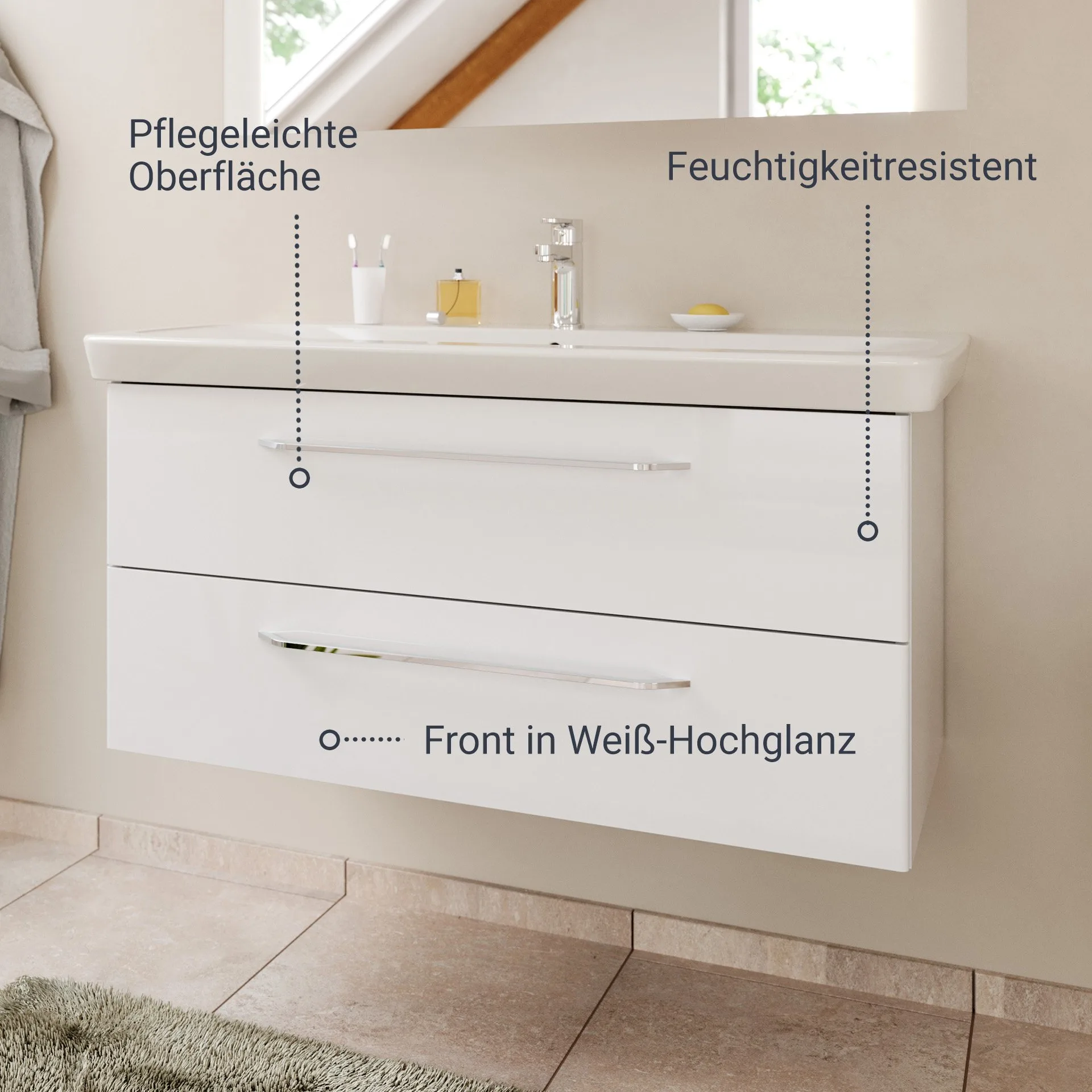 FACKELMANN MILANO Waschbecken mit Unterschrank 107 cm breit, Weiß, Waschbecken Keramik Weiß