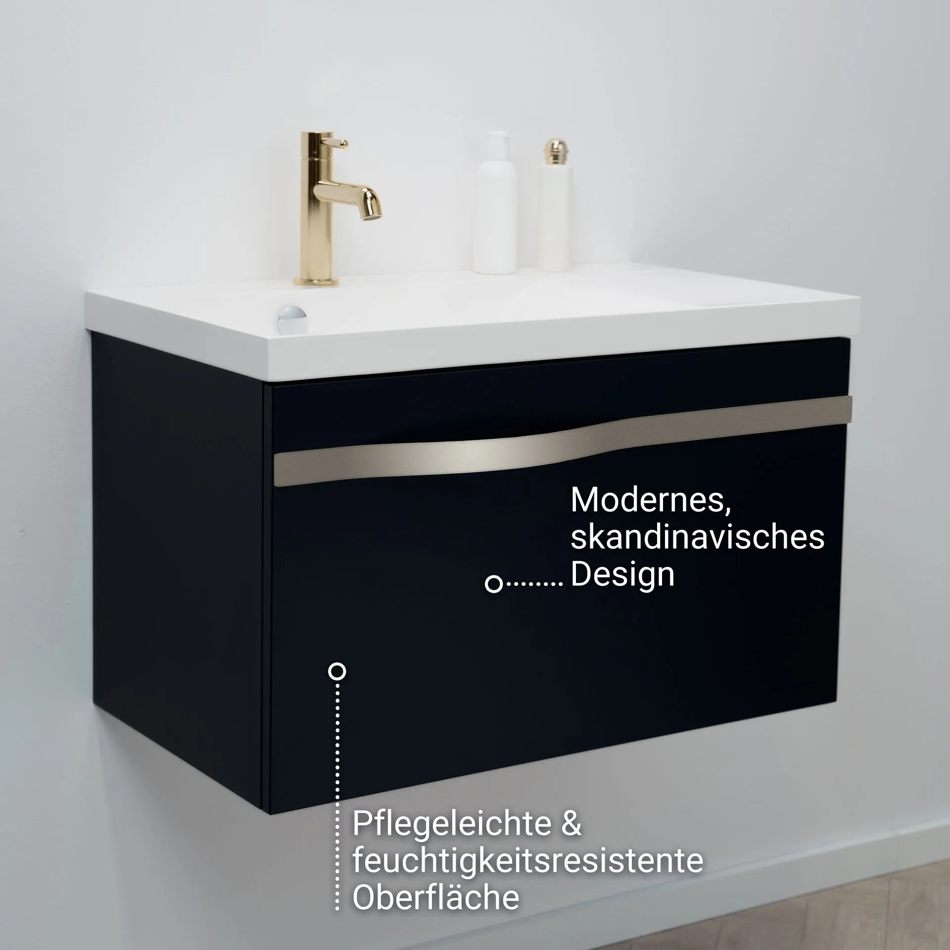 BADEDU FILS Waschbecken mit Unterschrank 69 cm breit, Schwarz, Waschbecken Gussmarmor Weiß, Griff Silber