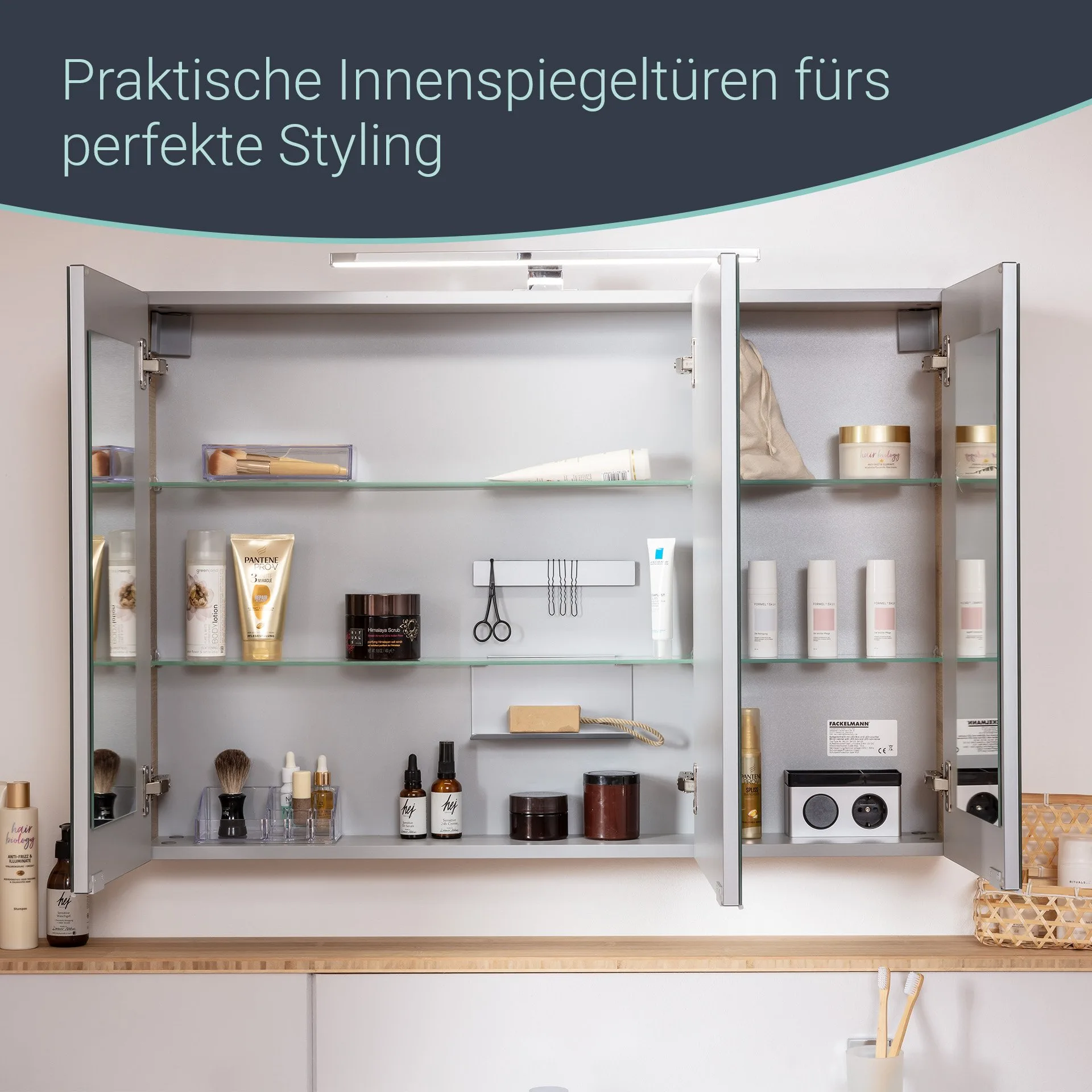 FACKELMANN B.BRILLANT LED Spiegelschrank, 100 cm breit, Braun hell