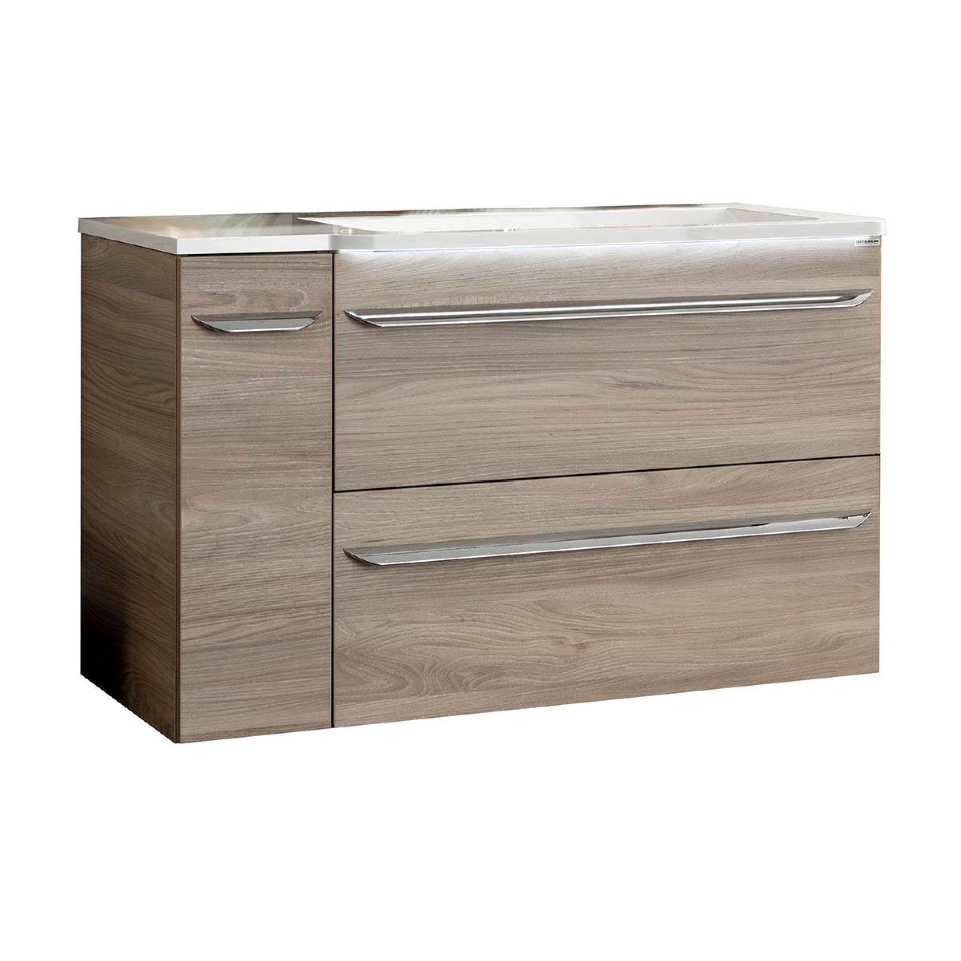 FACKELMANN LUXOR Waschbecken mit Unterschrank 100 cm breit, Braun hell, Waschbecken Gussmarmor Weiß + Unterschrank Türanschlag links
