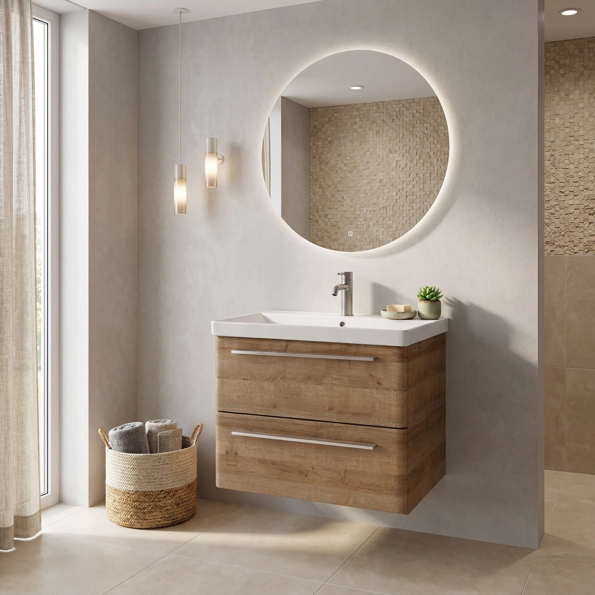 LANZET K8 Waschbecken mit Unterschrank, 60 cm breit, Braun hell, Waschbecken Keramik Weiß