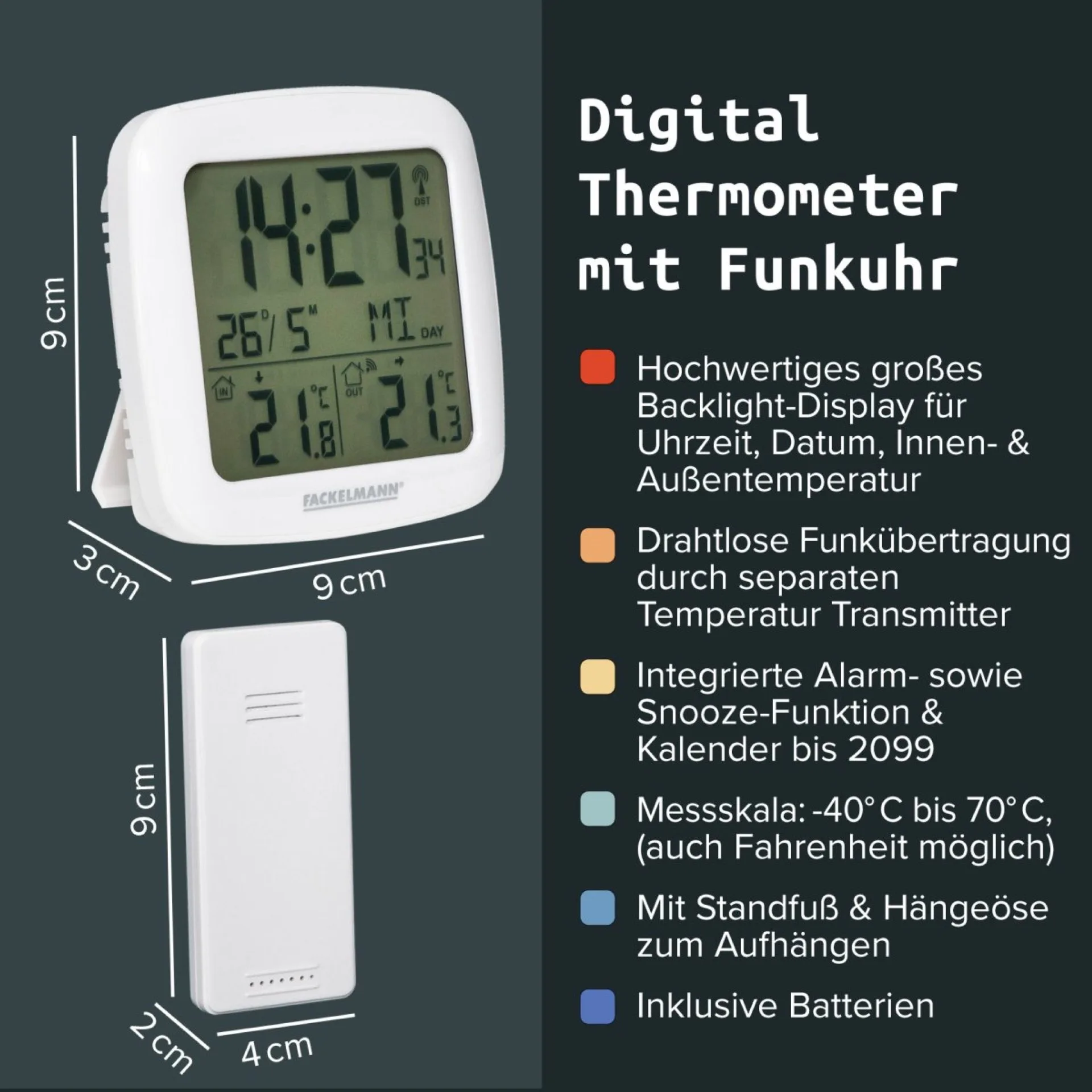 FACKELMANN Digital Thermometer 9 cm breit, Weiß + Funkuhr Box