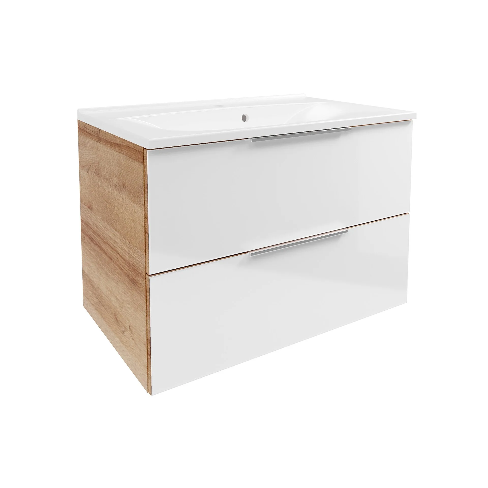 FACKELMANN B.BRILLANT Waschbecken mit Unterschrank 80 cm breit, Weiß Glas/Braun hell, Waschbecken Gussmarmor Weiß