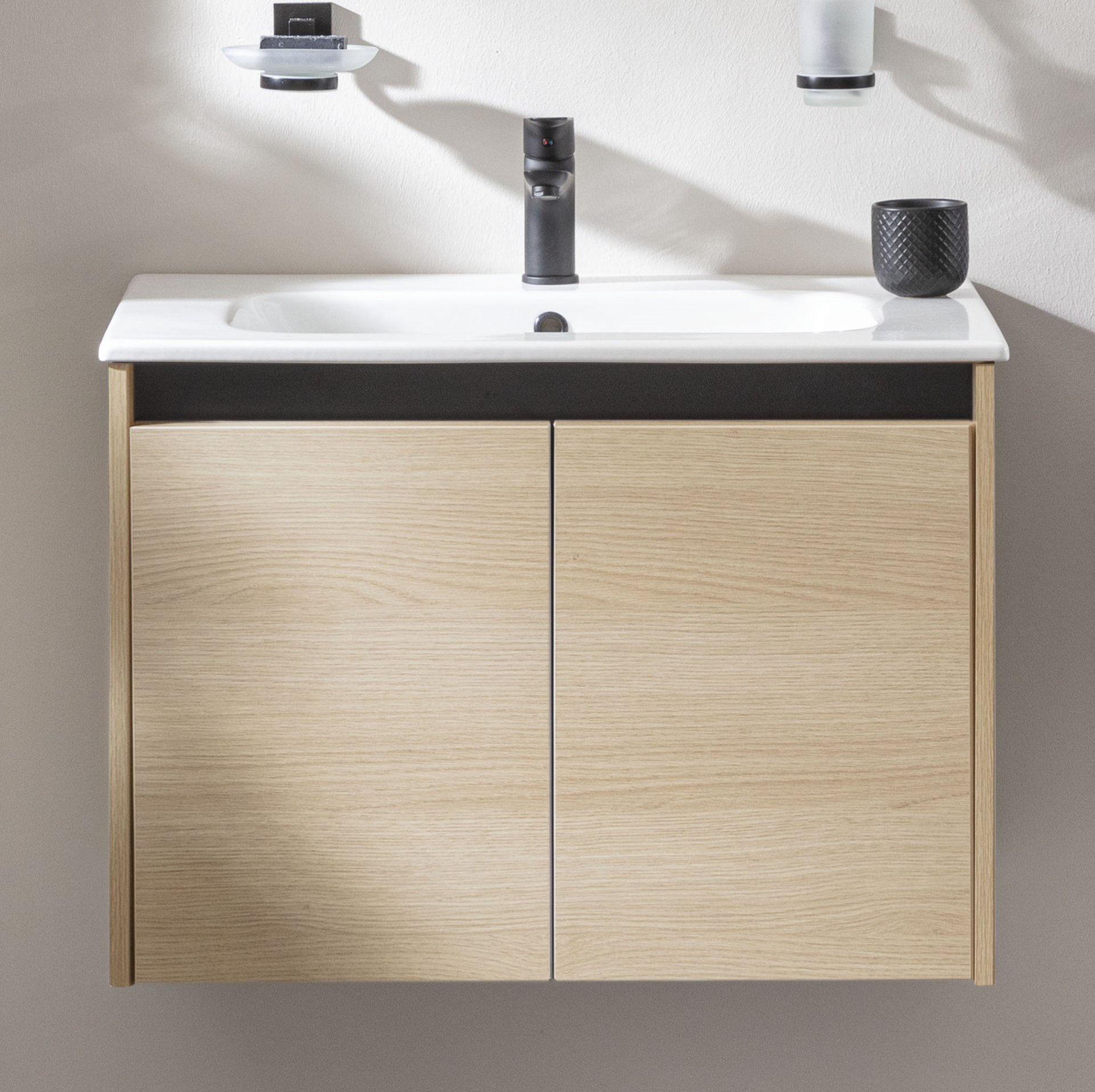 FACKELMANN COMPACT LINE Waschbecken mit Unterschrank 71 cm breit, Braun hell, Waschbecken Keramik Weiß, 2 Türen