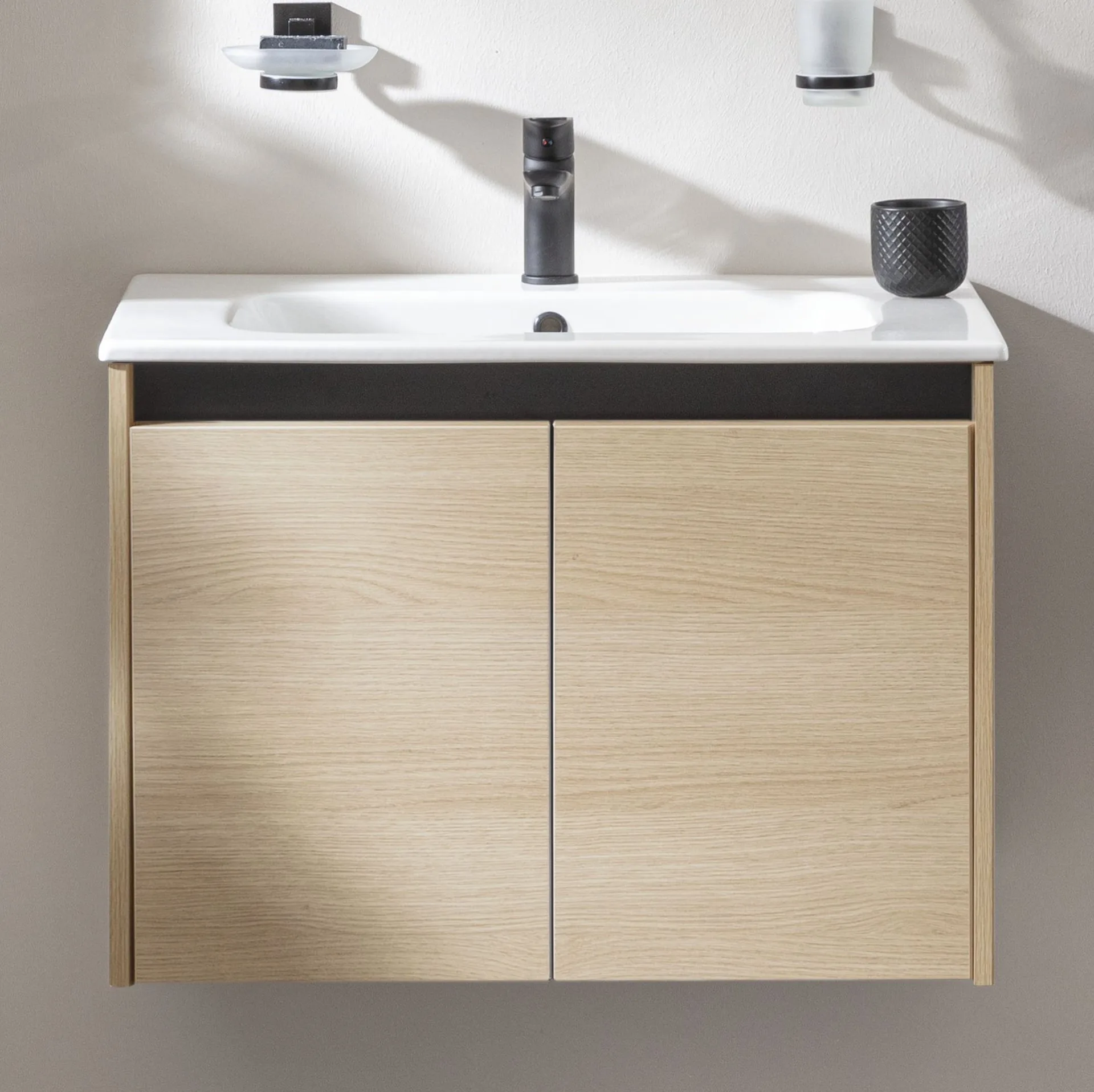 FACKELMANN COMPACT LINE Waschbecken mit Unterschrank 71 cm breit, Braun hell, Waschbecken Keramik Weiß, 2 Türen