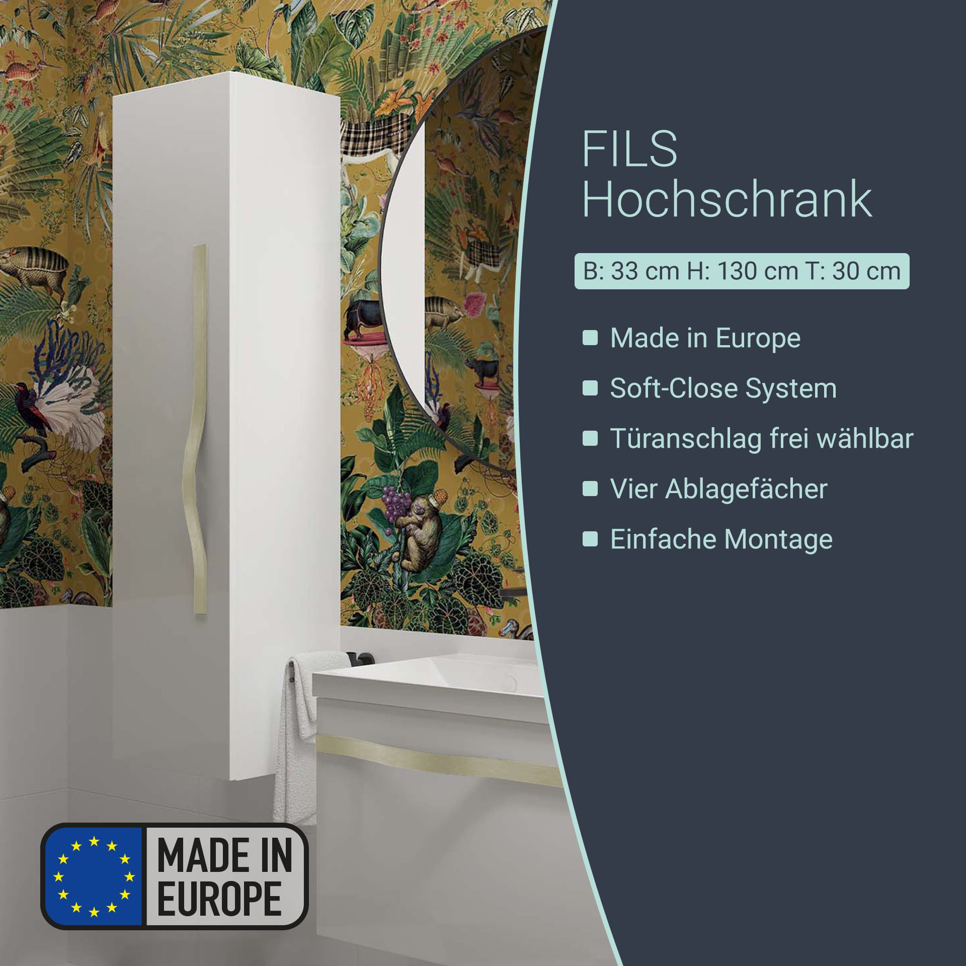 BADEDU FILS Hochschrank 33 cm breit, Weiß, Griff Silber