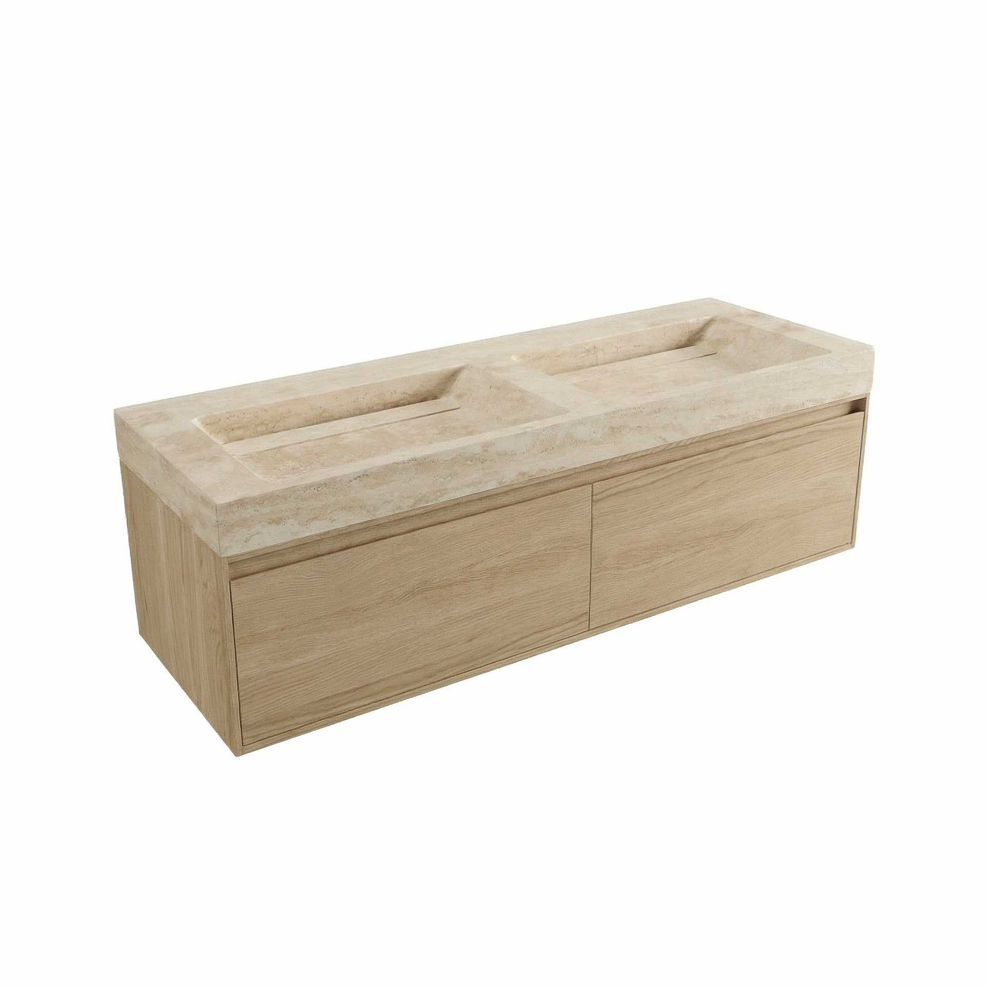 FORZALAQUA IBIZA BELLEZZA Waschbecken mit Unterschrank 160 cm breit, Braun hell, Doppelwaschbecken Naturstein Travertin matt ohne Hahnloch, 2 Schubladen