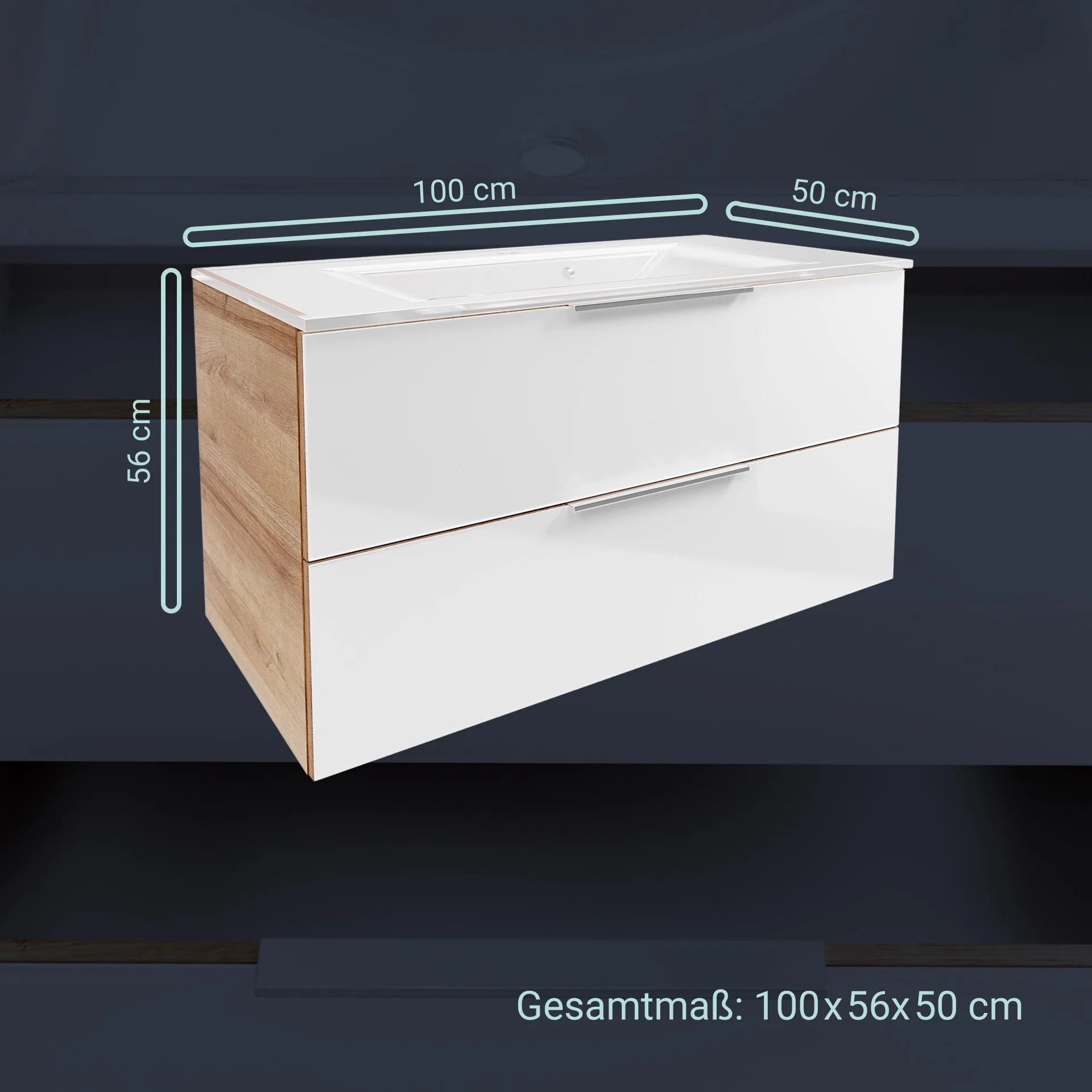 FACKELMANN B.BRILLANT Waschbecken mit Unterschrank 100 cm breit, Weiß Glas/Braun hell, Waschbecken Glas Weiß