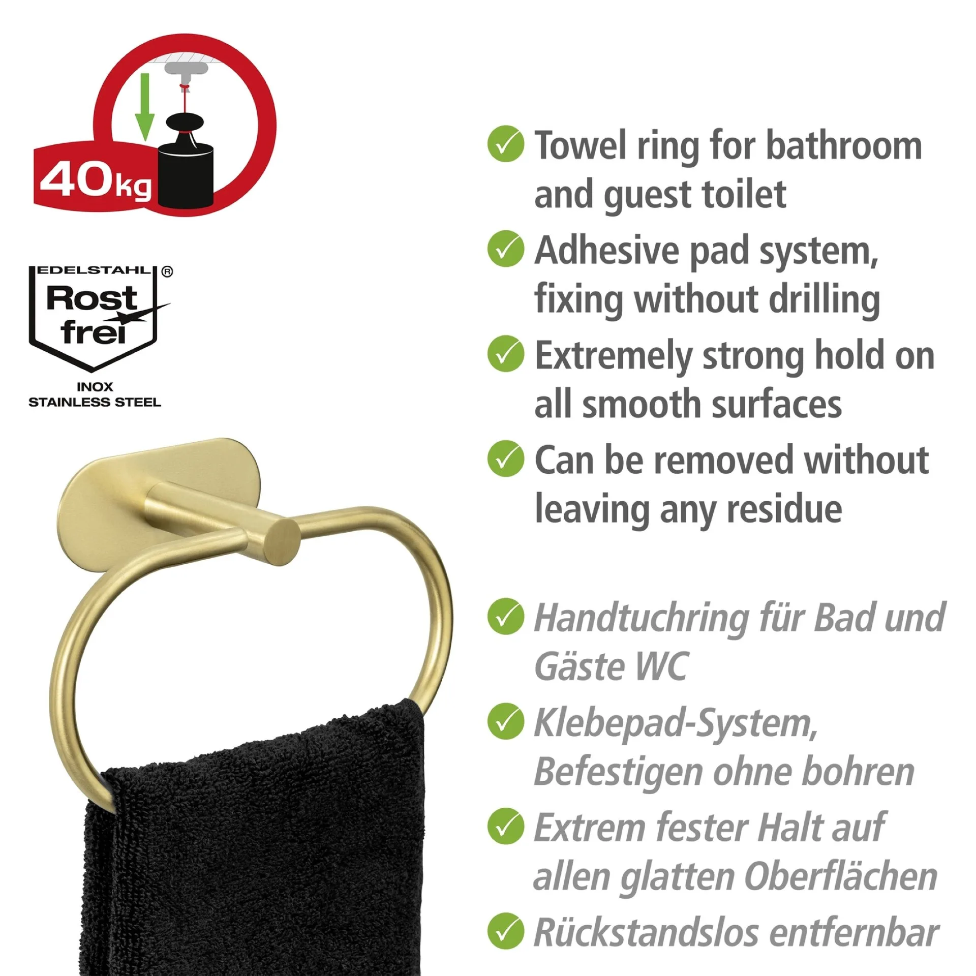 WENKO OREA Handtuchhalter, Gold matt, Befestigen ohne Bohren