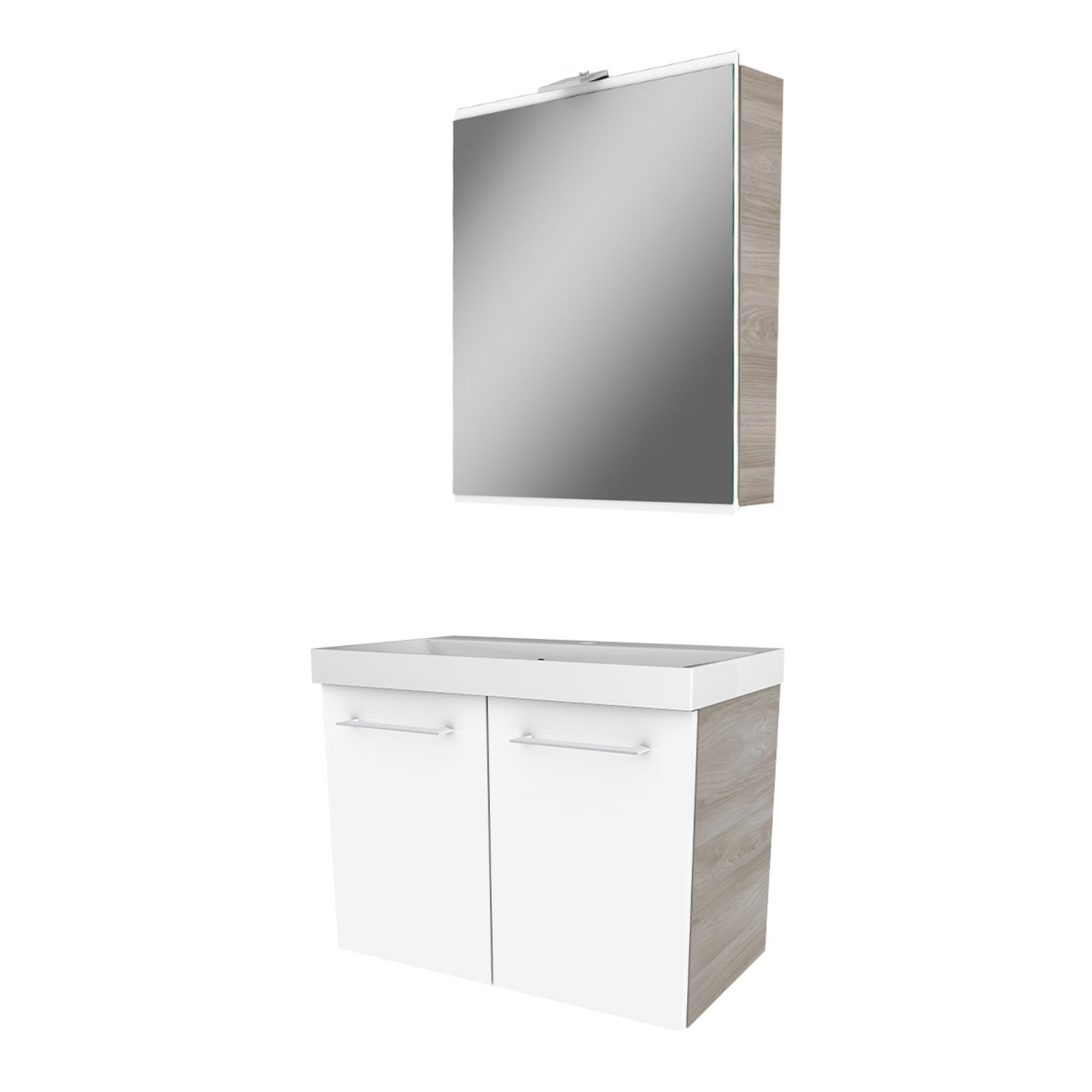 FACKELMANN LIMA Waschtisch Set mit Spiegelschrank 60 cm breit, Weiß/Braun, Waschbecken Gussmarmor Weiß