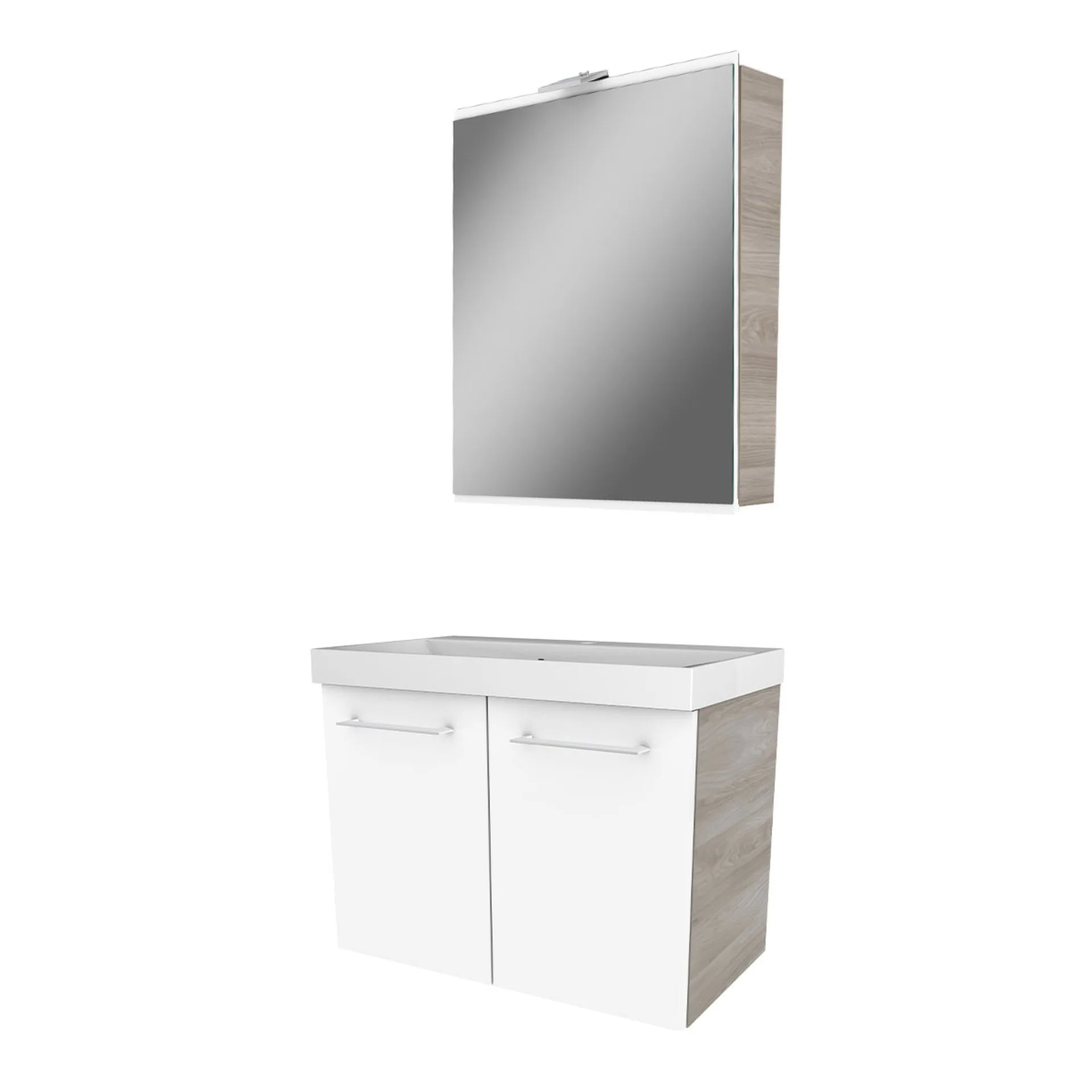 FACKELMANN LIMA Waschtisch Set mit Spiegelschrank 60 cm breit, Weiß/Braun, Waschbecken Gussmarmor Weiß