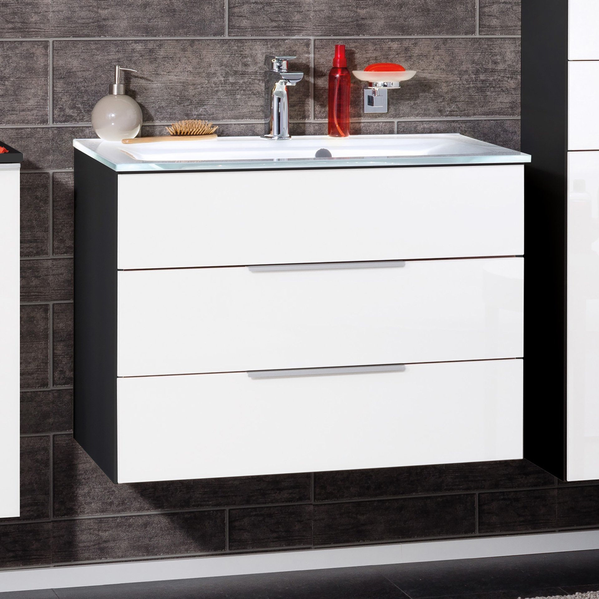 FACKELMANN KARA Waschbecken mit Unterschrank 80 cm breit, Weiß/Anthrazit, Waschbecken Glas Weiß, 2 Schubladen
