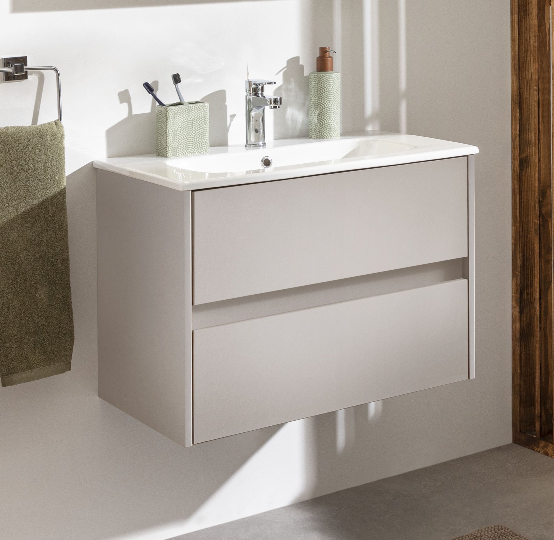 FACKELMANN COMPACT LINE Waschbecken mit Unterschrank 71 cm breit, Grau, Waschbecken Keramik Weiß, 2 Schubladen