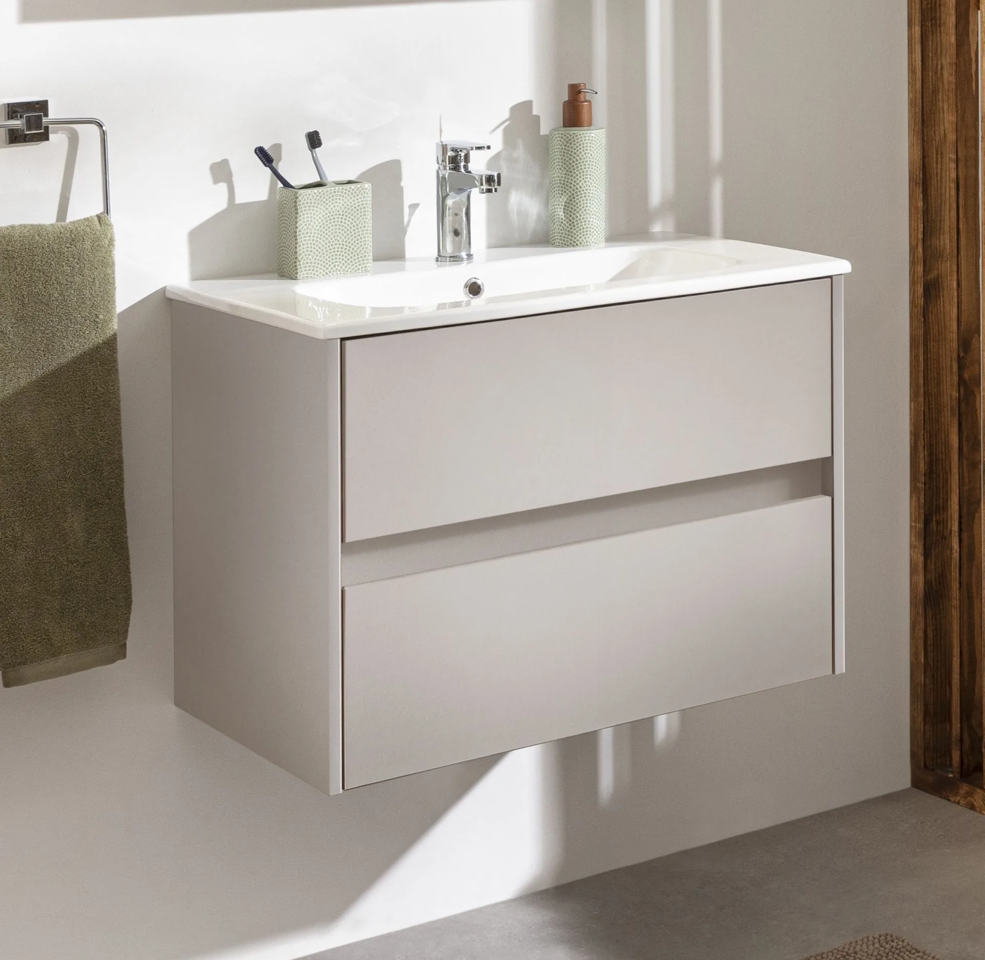 FACKELMANN COMPACT LINE Waschbecken mit Unterschrank 71 cm breit, Grau, Waschbecken Keramik Weiß, 2 Schubladen