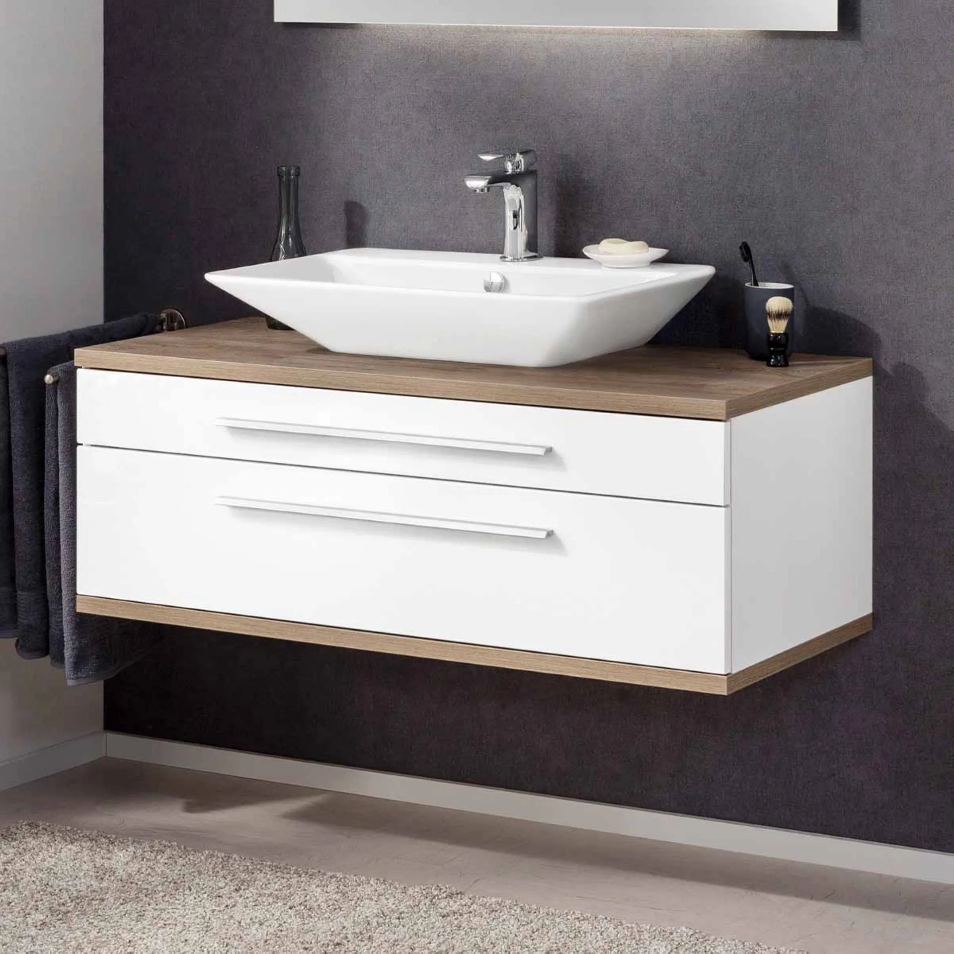 FACKELMANN STANFORD Waschbeckenunterschrank 110 cm breit, Weiß/Braun hell