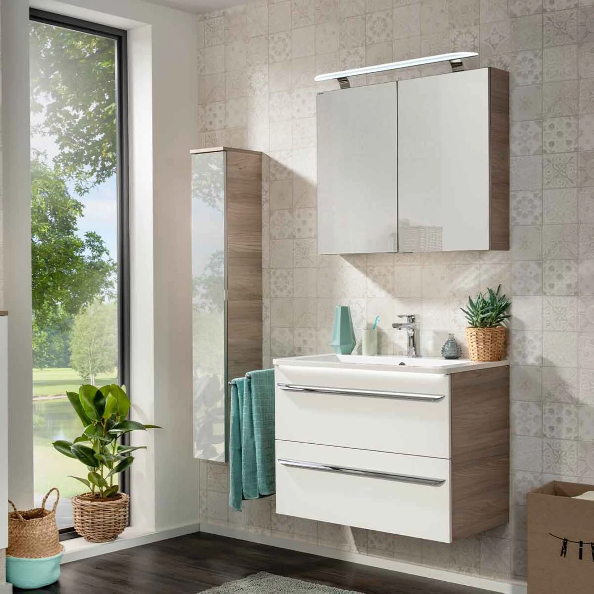 FACKELMANN LUXOR Waschtisch Set mit Spiegelschrank 80 cm breit, Weiß/Braun hell, Waschbecken Gussmarmor Weiß