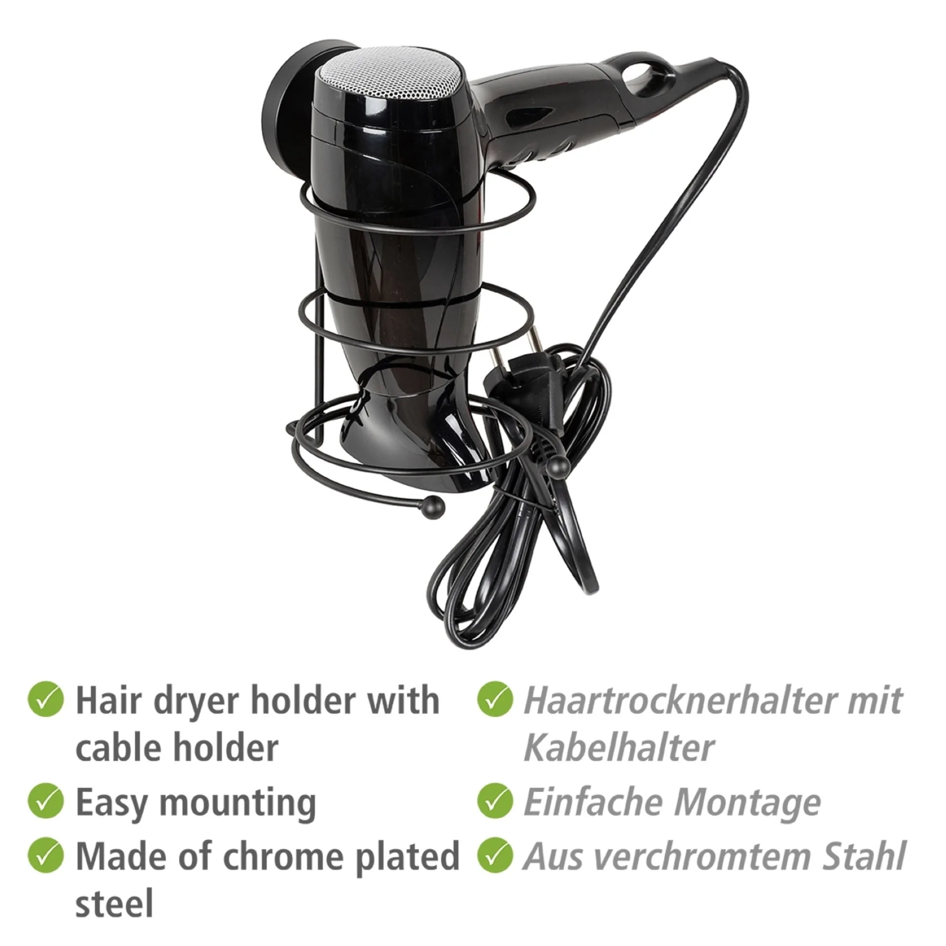 WENKO MILAZZO Fönhalter, Schwarz, Befestigen ohne Bohren