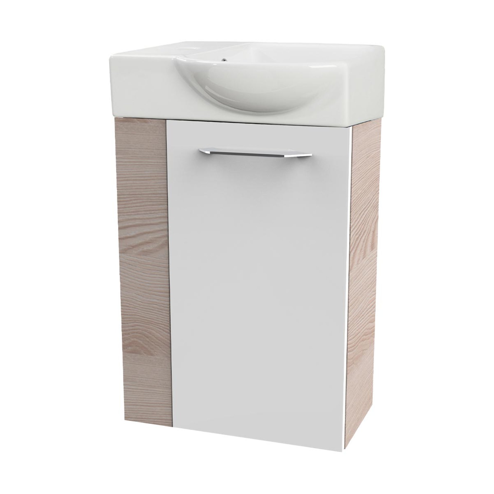 FACKELMANN SBC B.CLEVER Gäste WC Waschtisch Set 45 cm breit, Weiß/Braun hell, Waschbecken Keramik Weiß, Türanschlag rechts