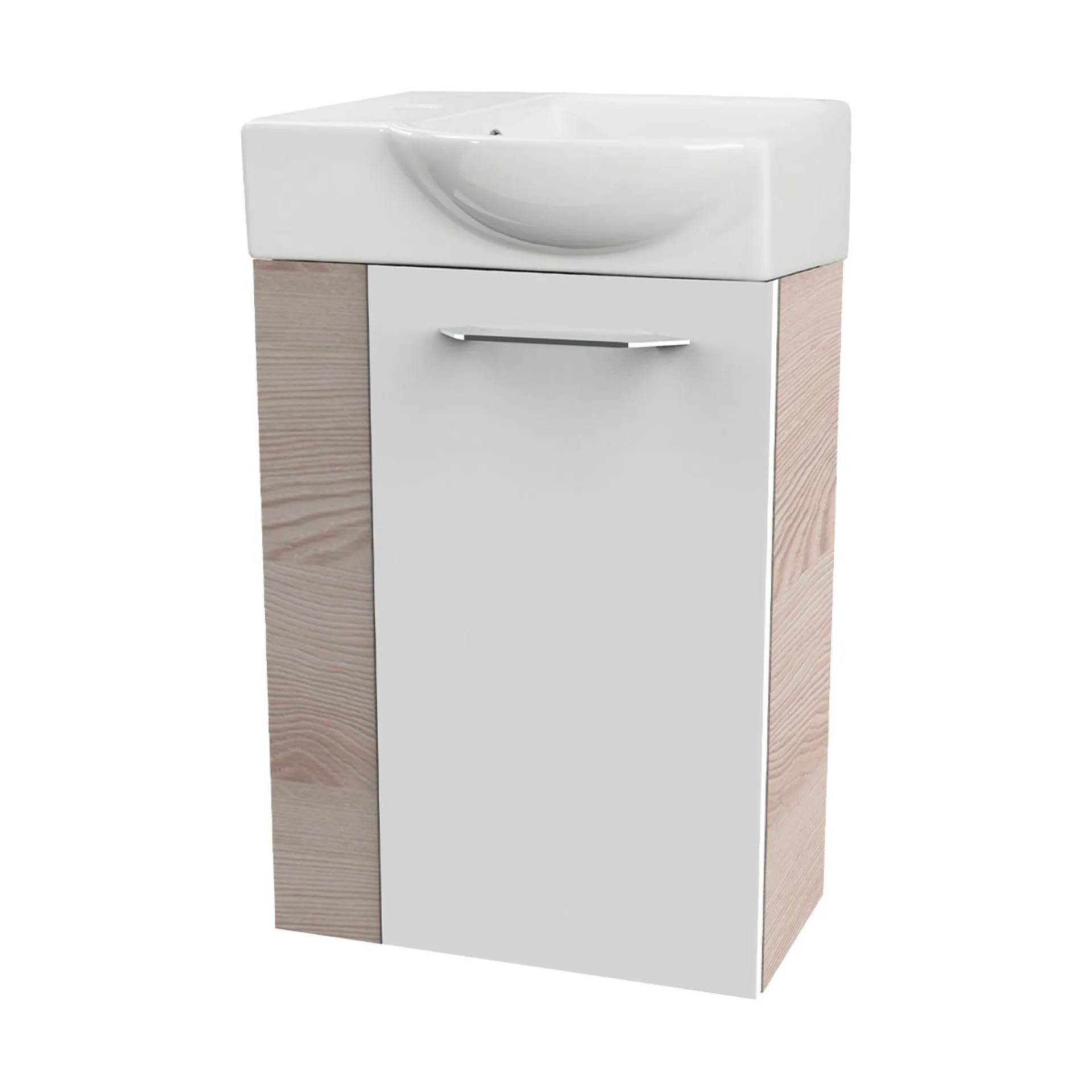 FACKELMANN SBC B.CLEVER Gäste WC Waschtisch Set 45 cm breit, Weiß/Braun hell, Waschbecken Keramik Weiß, Türanschlag rechts