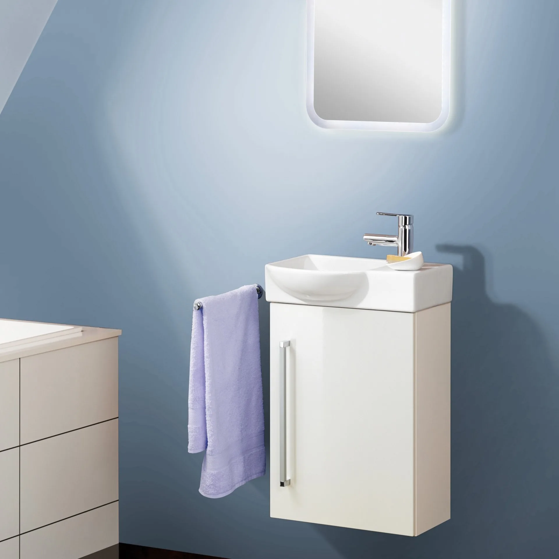 LANZET K3 WC Waschbeckenunterschrank Gäste WC 44 cm breit, Weiß, Türanschlag links