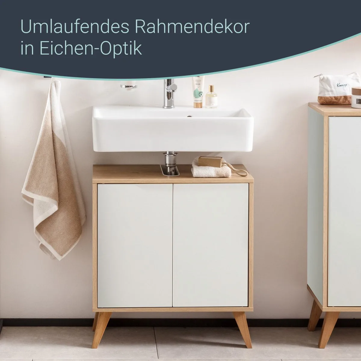 FACKELMANN FINN Waschbeckenunterschrank 60 cm breit, Weiß/Braun hell + Holzfüße