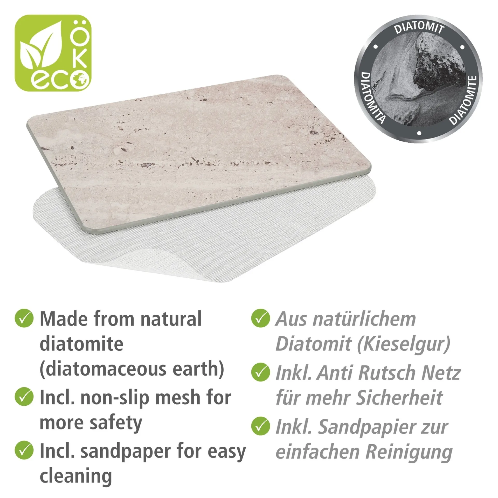 WENKO PUNA Badematte 60 x 39 cm, Grau, aus natürlichem Diatomit